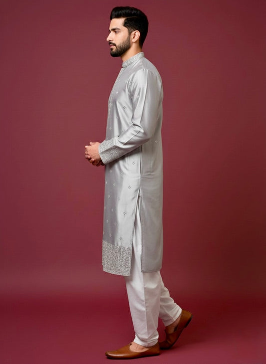 Grey Silk Kurta with Mirror Embroidery & White Salwar Set