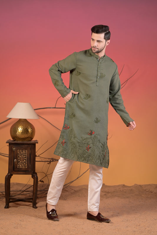 Olive Green Cotton-Linen Kurta with Tonal & Scarlet Botanical Embroidery & Trousers Set