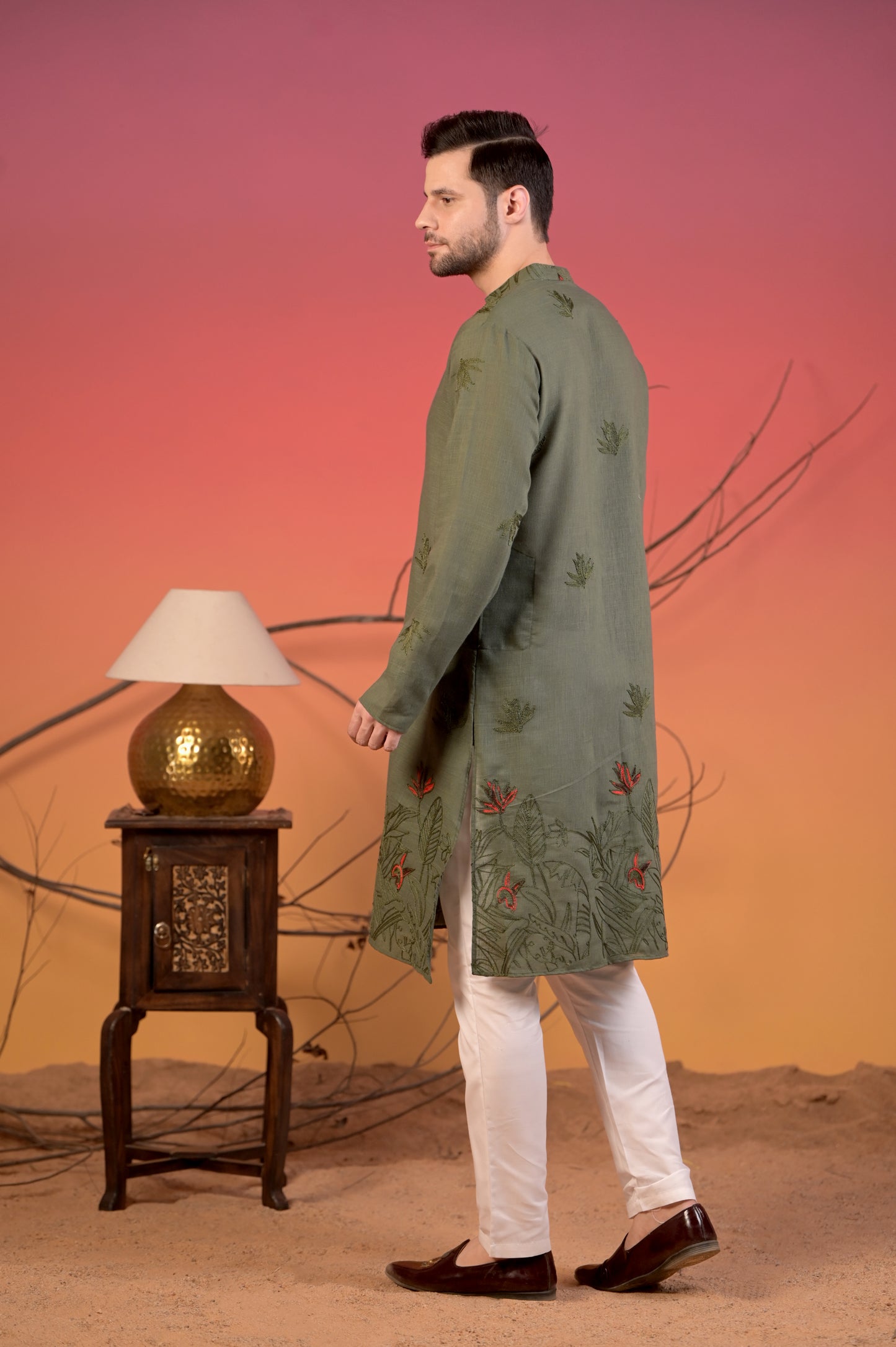 Olive Green Cotton-Linen Kurta with Tonal & Scarlet Botanical Embroidery & Trousers Set