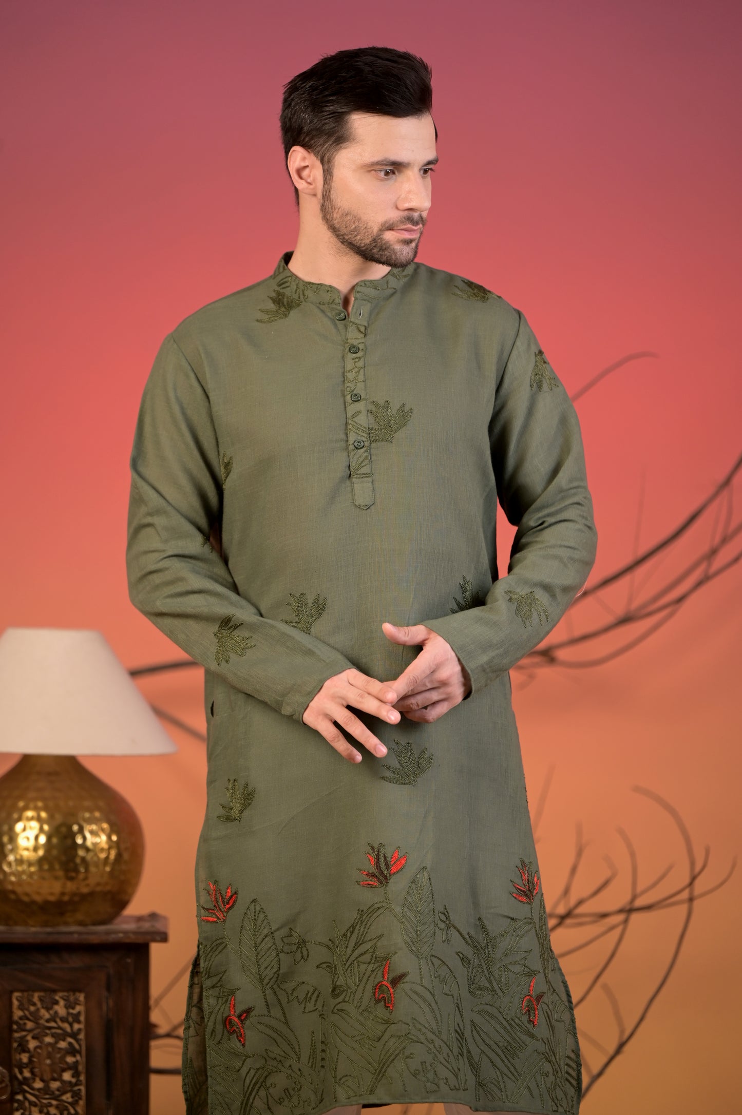 Olive Green Cotton-Linen Kurta with Tonal & Scarlet Botanical Embroidery & Trousers Set