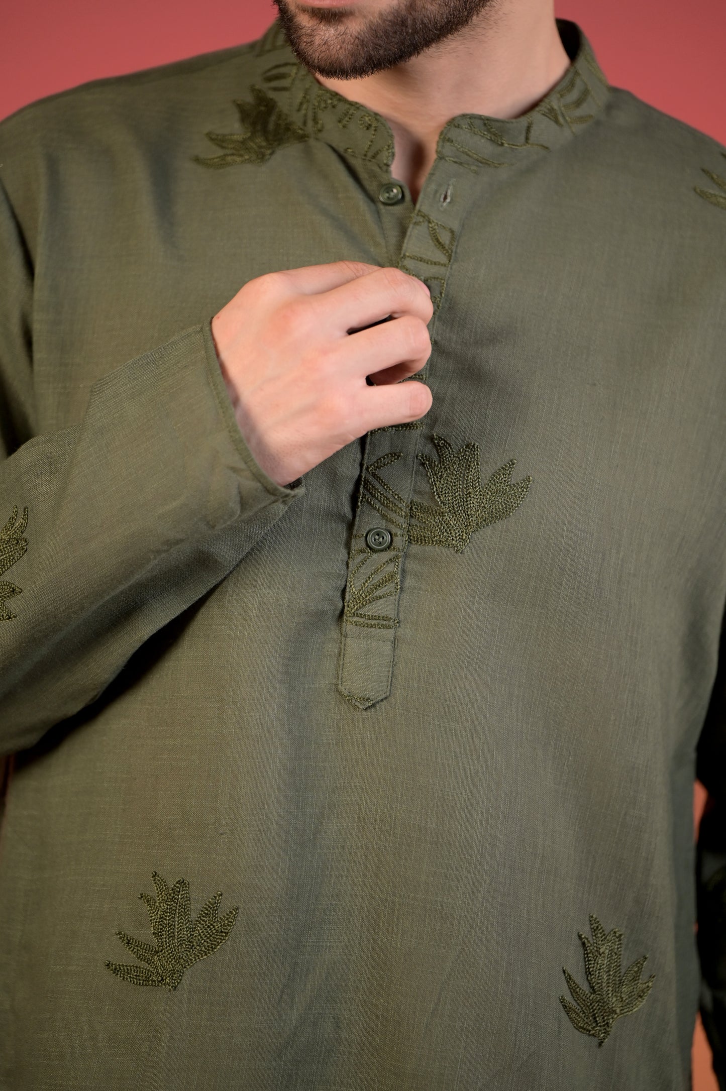 Olive Green Cotton-Linen Kurta with Tonal & Scarlet Botanical Embroidery & Trousers Set