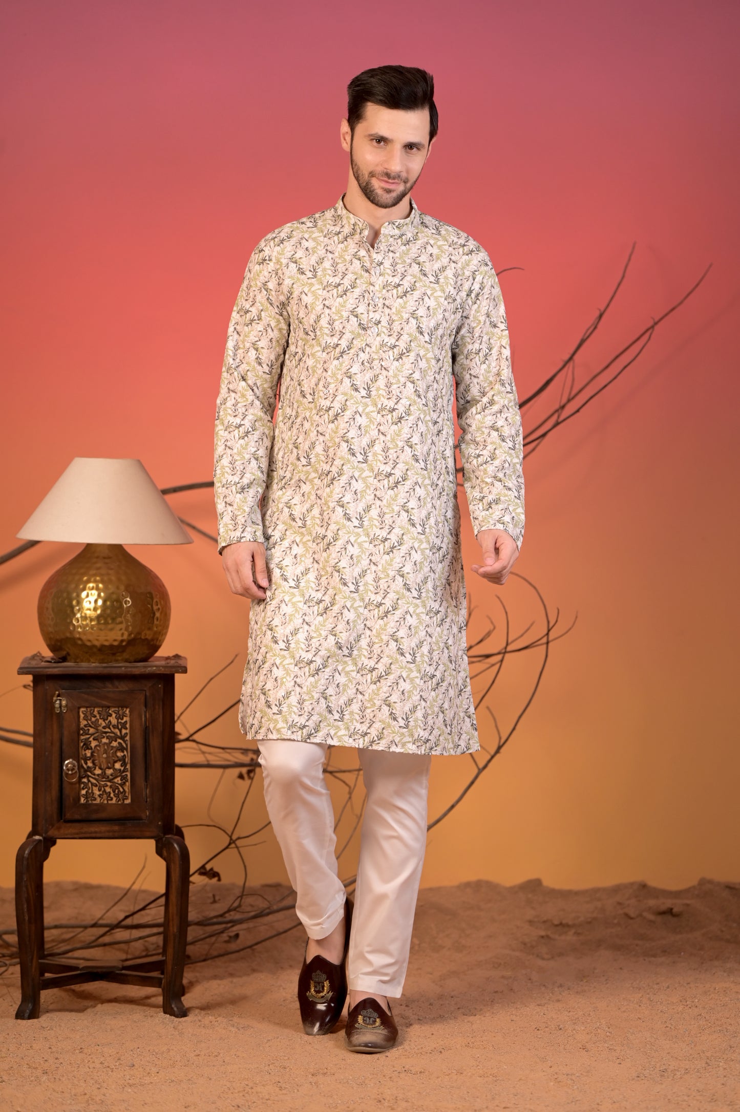 Ivory Cotton Kurta with All-Over Chikan Embroidery in Leaf Motif & Trousers Set