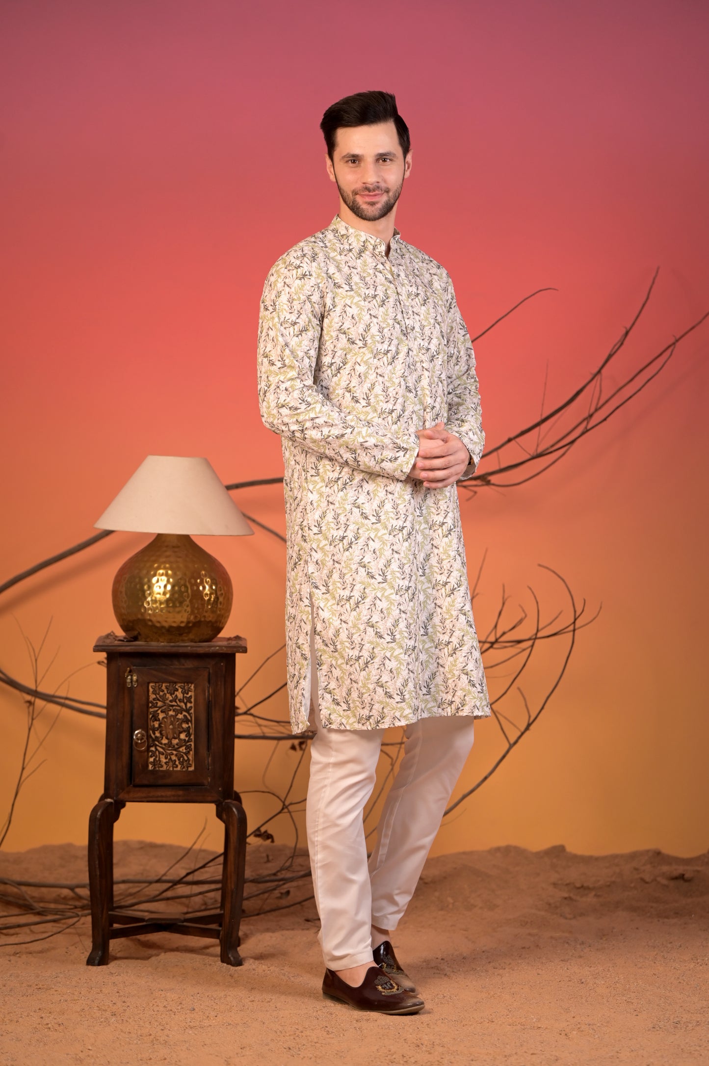 Ivory Cotton Kurta with All-Over Chikan Embroidery in Leaf Motif & Trousers Set