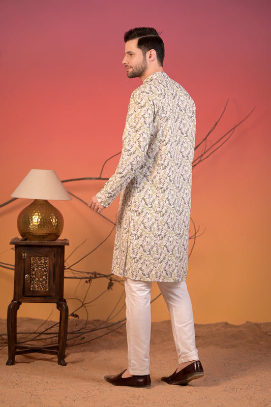 Ivory Cotton Kurta with All-Over Chikan Embroidery in Leaf Motif & Trousers Set