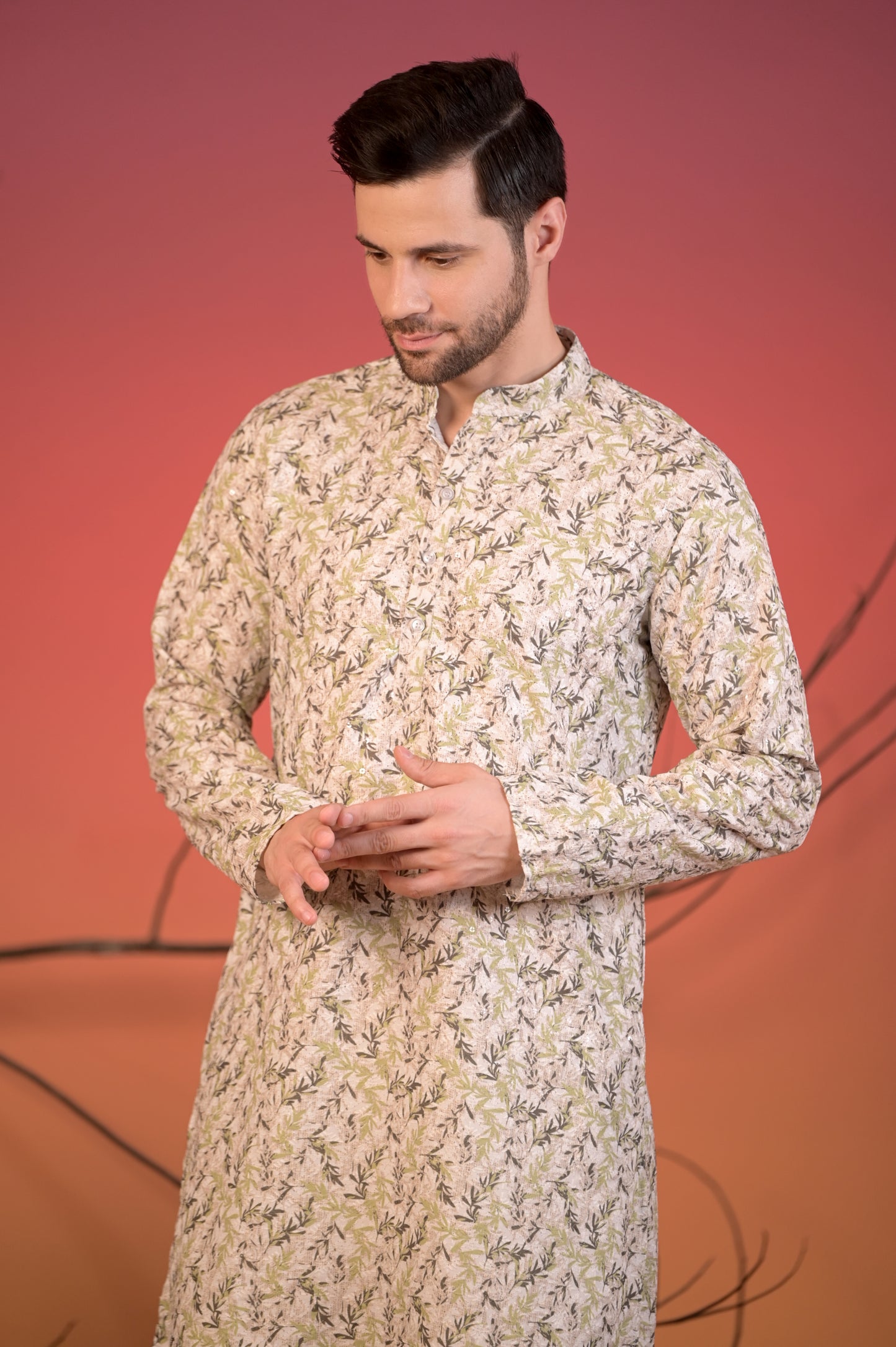 Ivory Cotton Kurta with All-Over Chikan Embroidery in Leaf Motif & Trousers Set