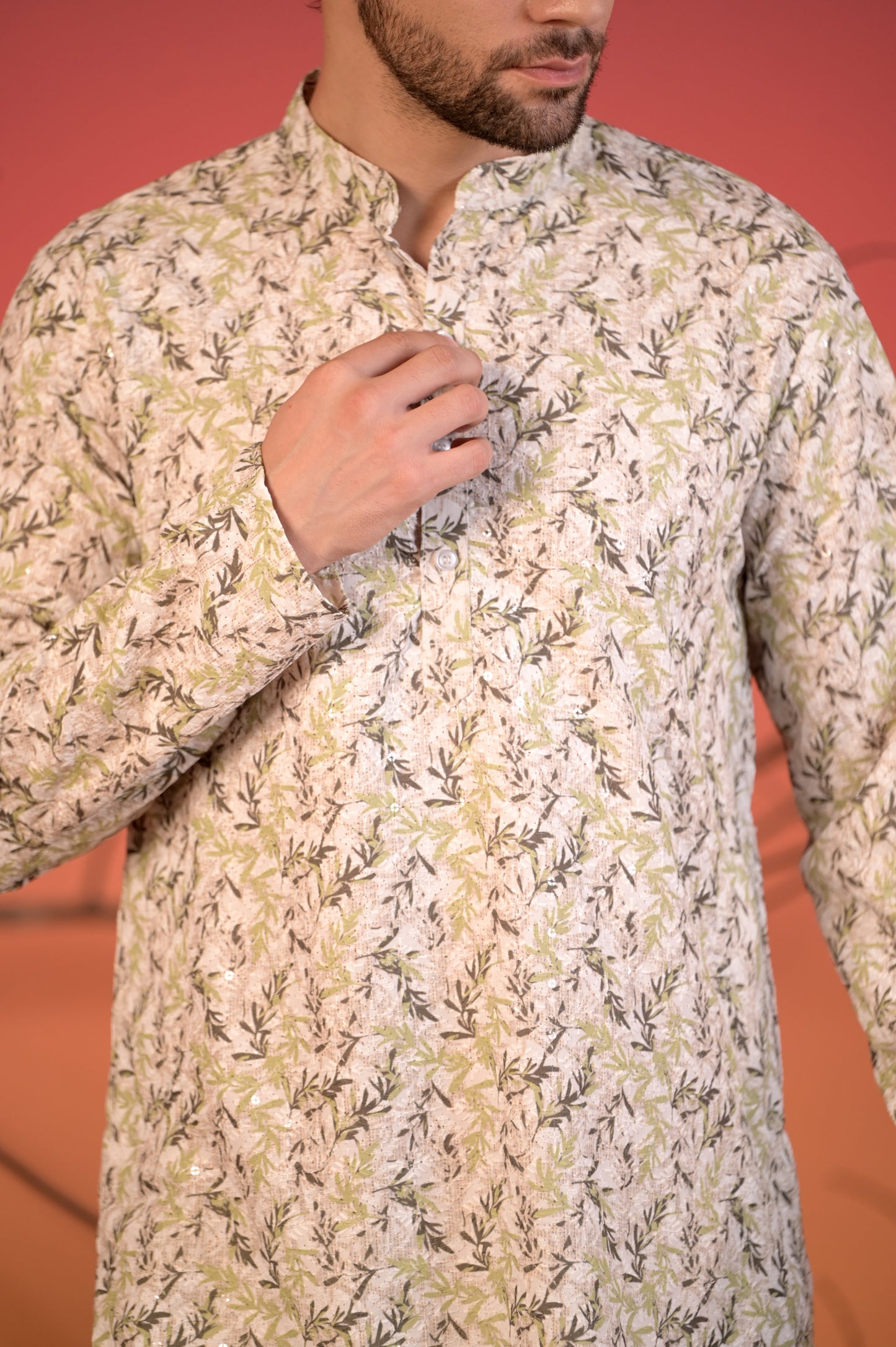 Ivory Cotton Kurta with All-Over Chikan Embroidery in Leaf Motif & Trousers Set