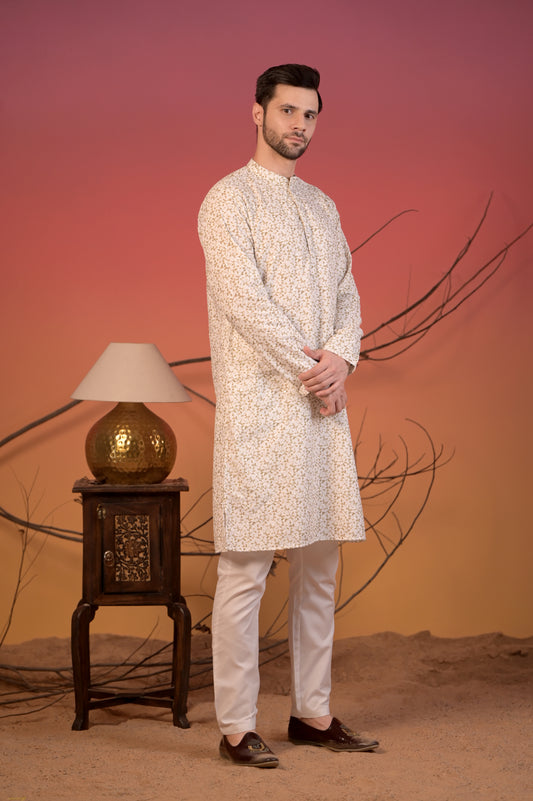 White Cotton Kurta with Chikan Work & Light Green Vine Embroidery & Trousers Set