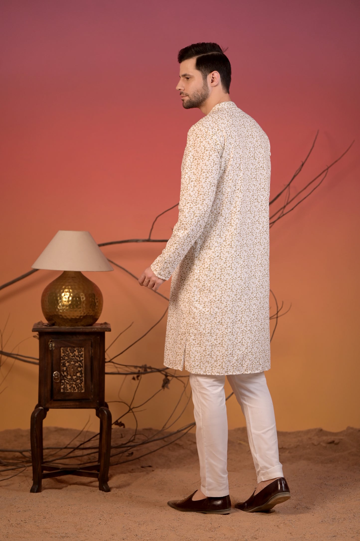 White Cotton Kurta with Chikan Work & Light Green Vine Embroidery & Trousers Set