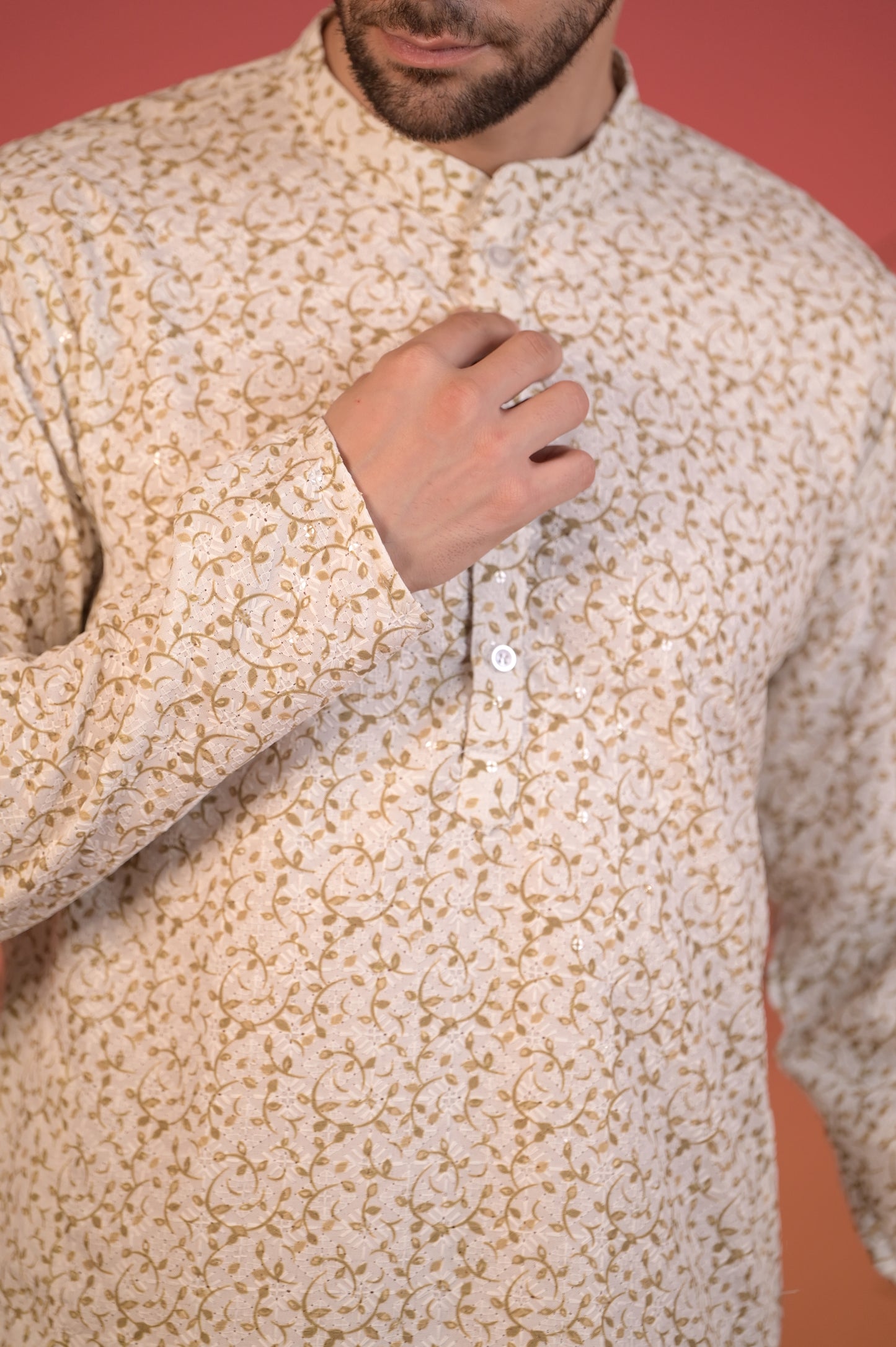 White Cotton Kurta with Chikan Work & Light Green Vine Embroidery & Trousers Set