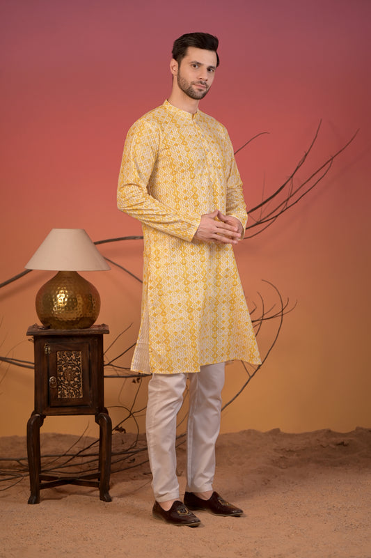 Yellow Cotton Jacquard Kurta with Geometric Weave & Trousers Set