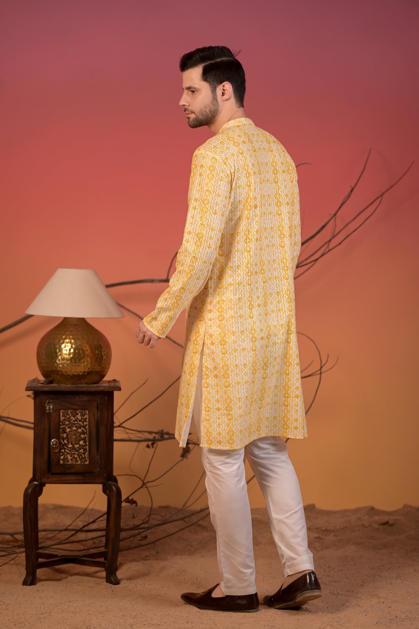 Yellow Cotton Jacquard Kurta with Geometric Weave & Trousers Set