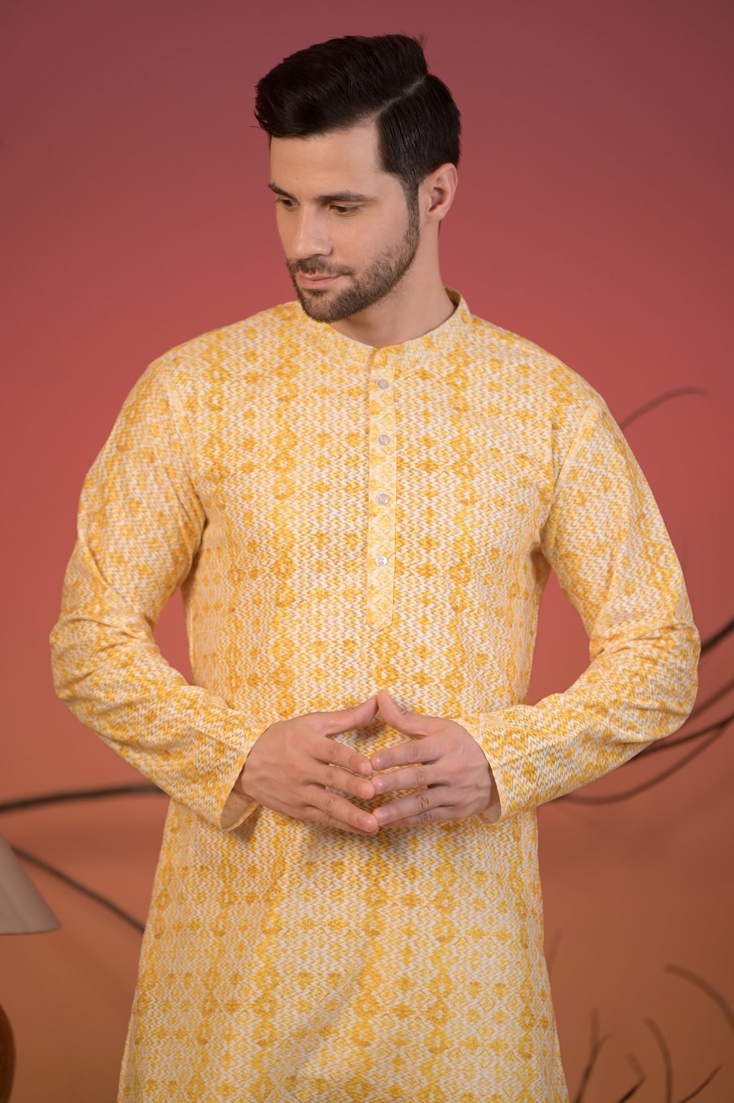 Yellow Cotton Jacquard Kurta with Geometric Weave & Trousers Set