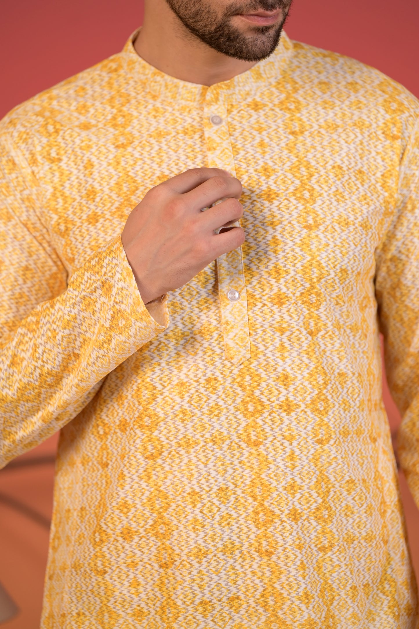 Yellow Cotton Jacquard Kurta with Geometric Weave & Trousers Set