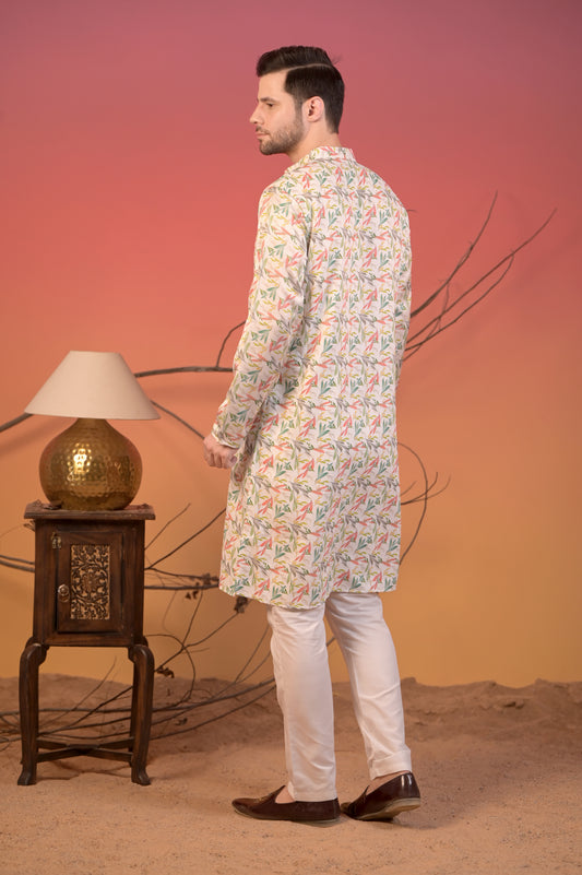 White Cotton Silk Kurta with Multicolor Leaf Print & Trousers Set