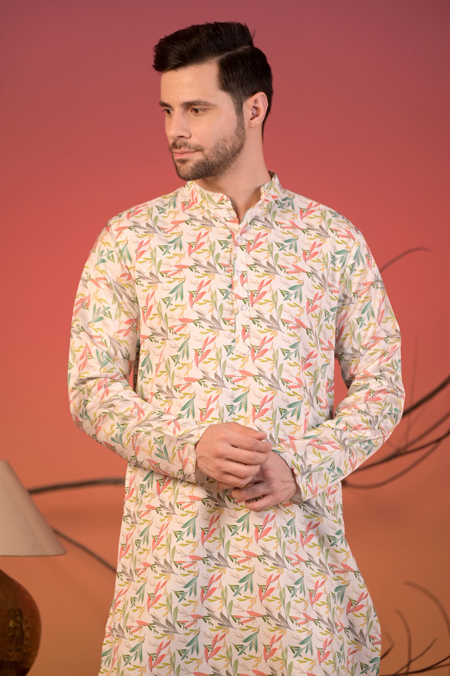 White Cotton Silk Kurta with Multicolor Leaf Print & Trousers Set