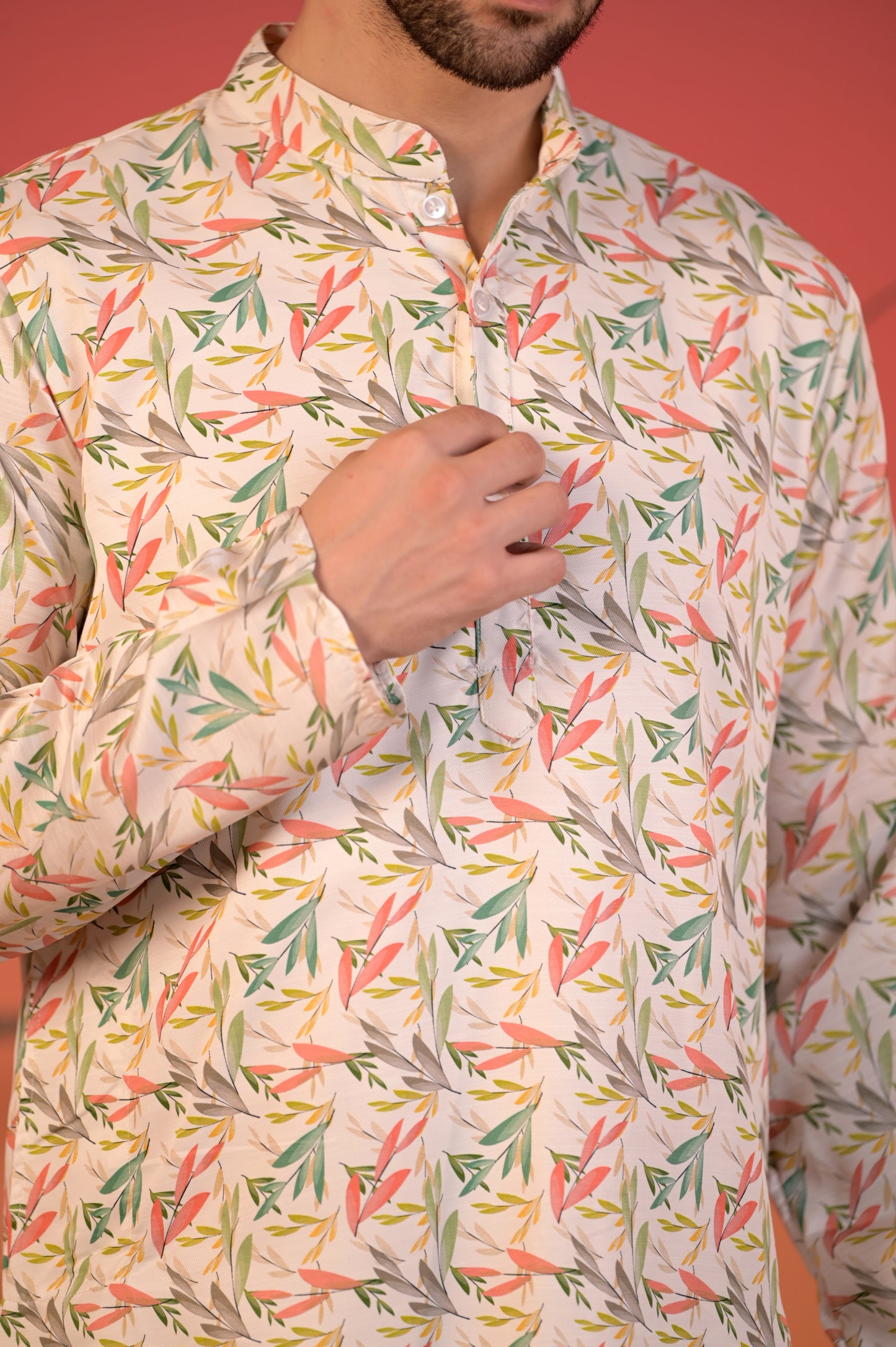 White Cotton Silk Kurta with Multicolor Leaf Print & Trousers Set