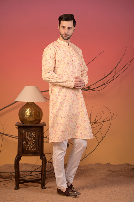 Yellow Katha Cotton Kurta with Zari Accents and Floral Print & Trousers Set