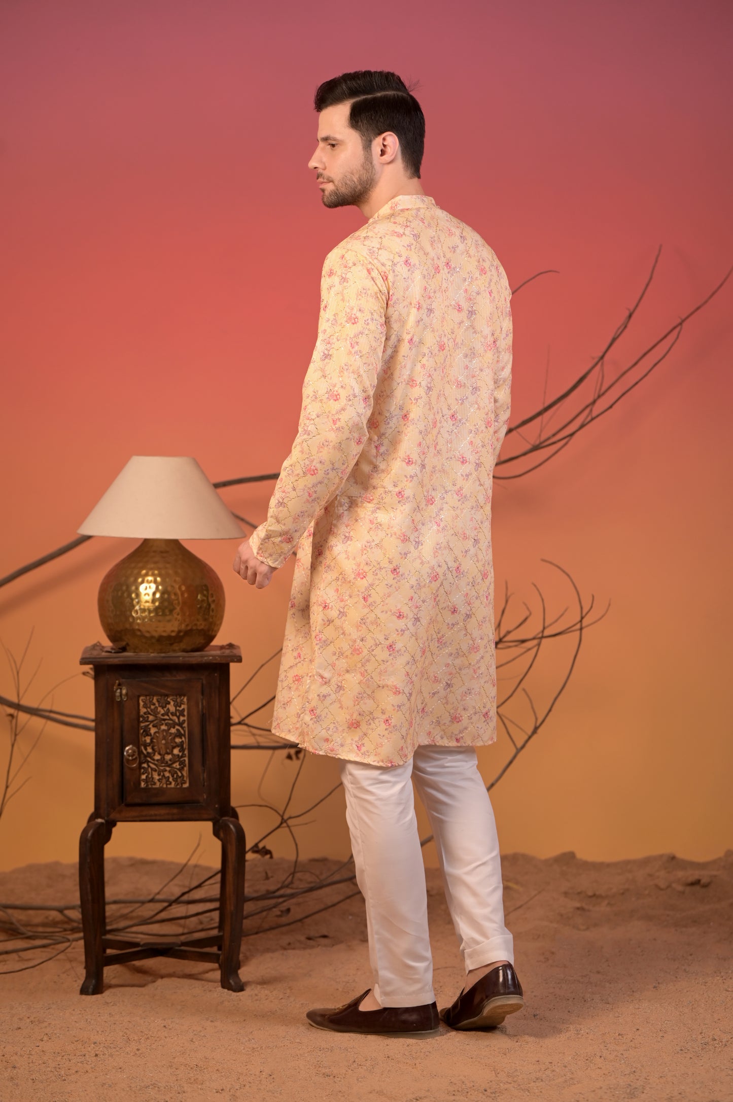 Yellow Katha Cotton Kurta with Zari Accents and Floral Print & Trousers Set