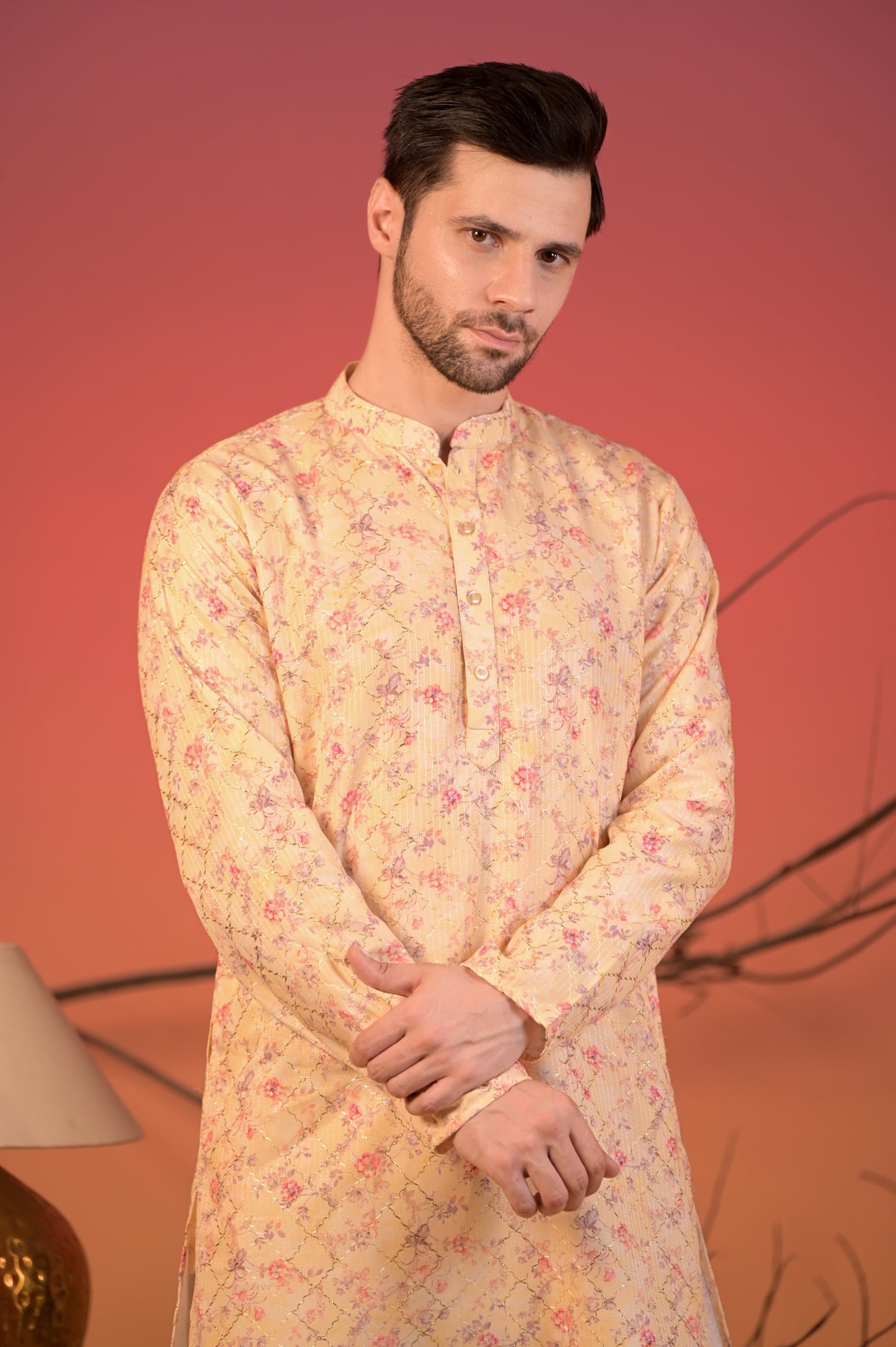 Yellow Katha Cotton Kurta with Zari Accents and Floral Print & Trousers Set