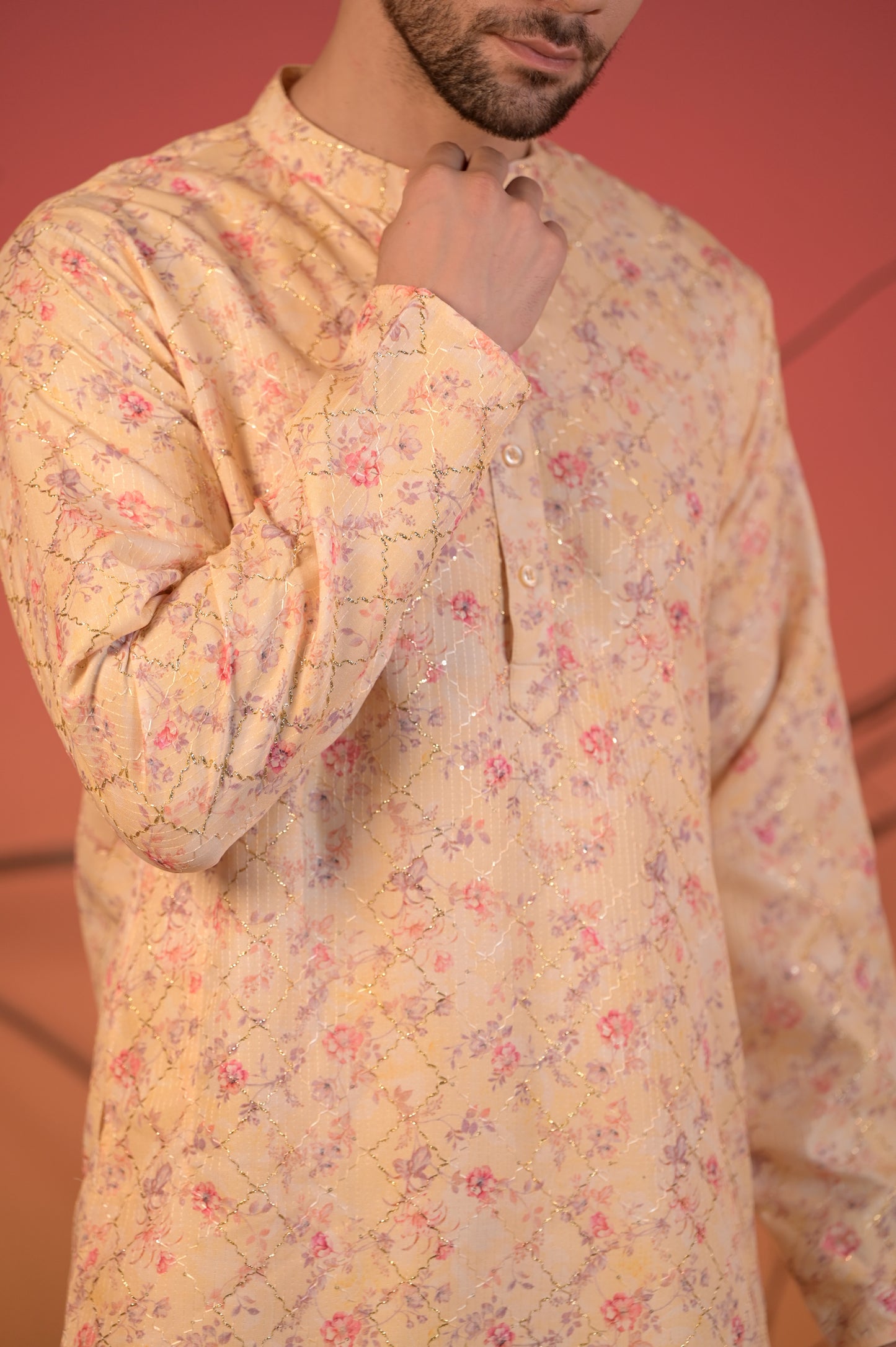 Yellow Katha Cotton Kurta with Zari Accents and Floral Print & Trousers Set