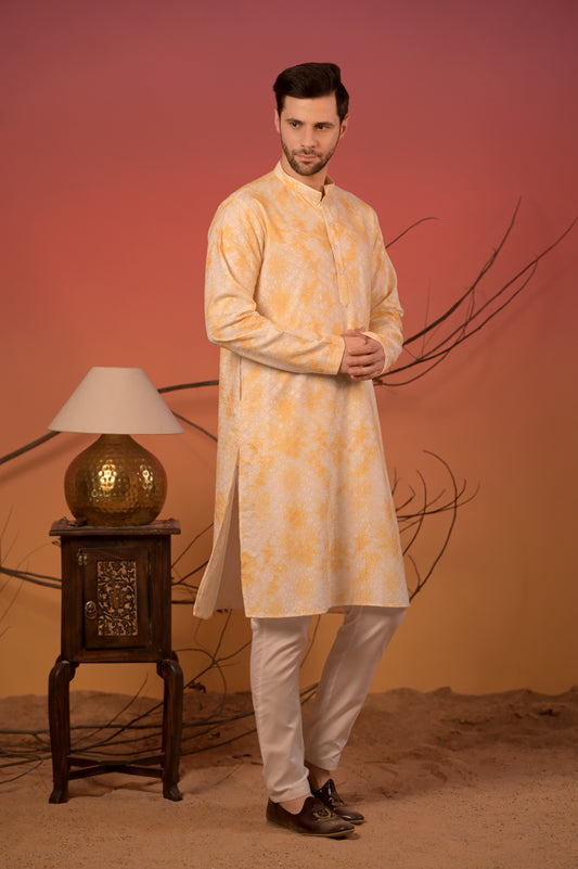 White Cotton Kurta with Lucknowi Threadwork and Yellow Overlay Print & Trousers Set