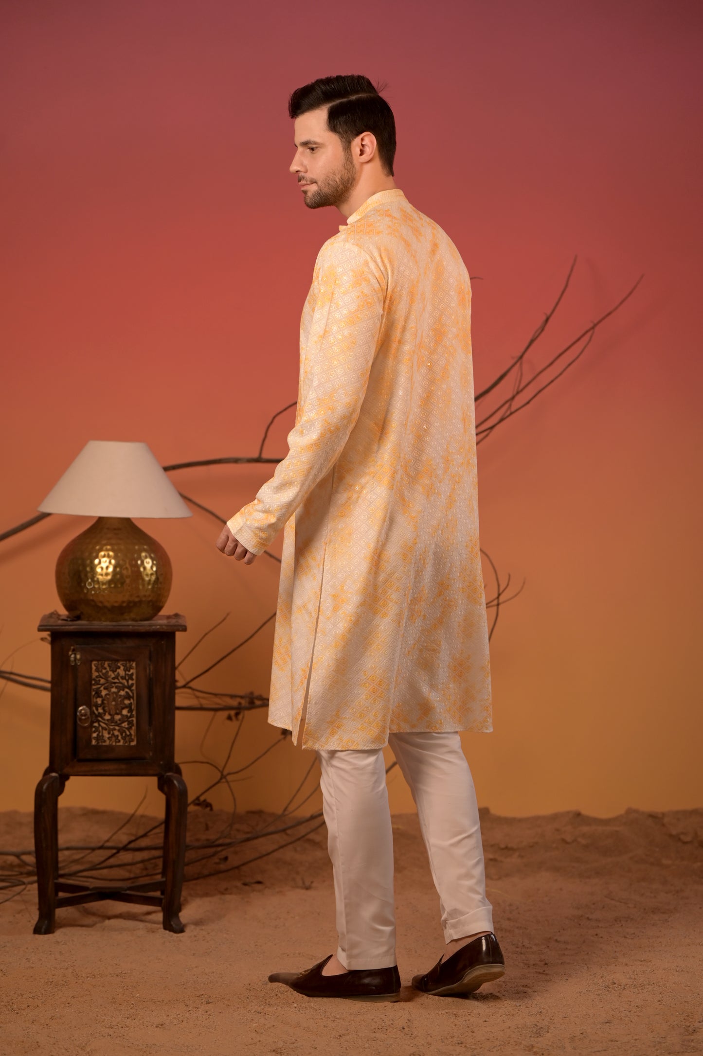 White Cotton Kurta with Lucknowi Threadwork and Yellow Overlay Print & Trousers Set