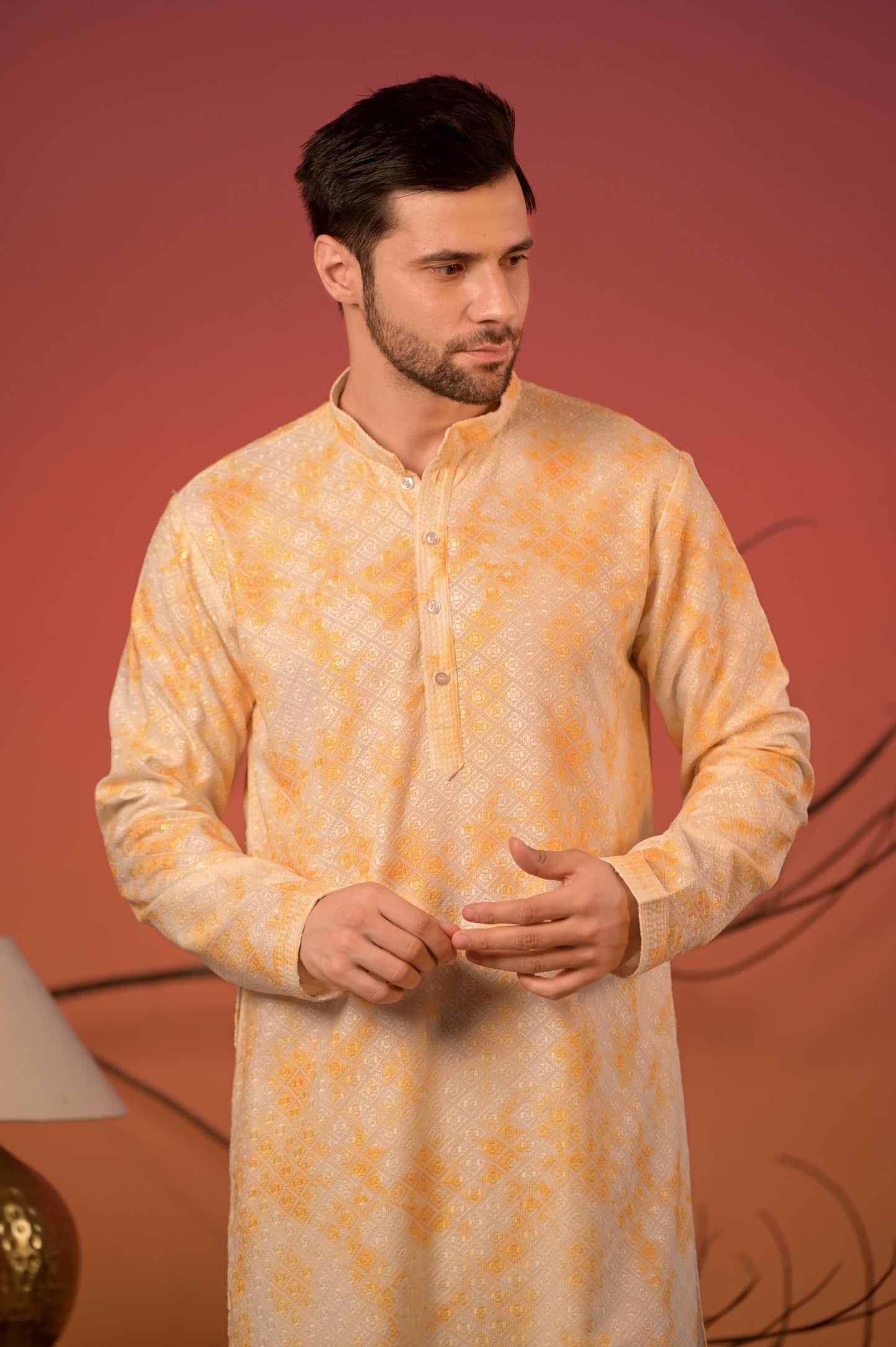 White Cotton Kurta with Lucknowi Threadwork and Yellow Overlay Print & Trousers Set