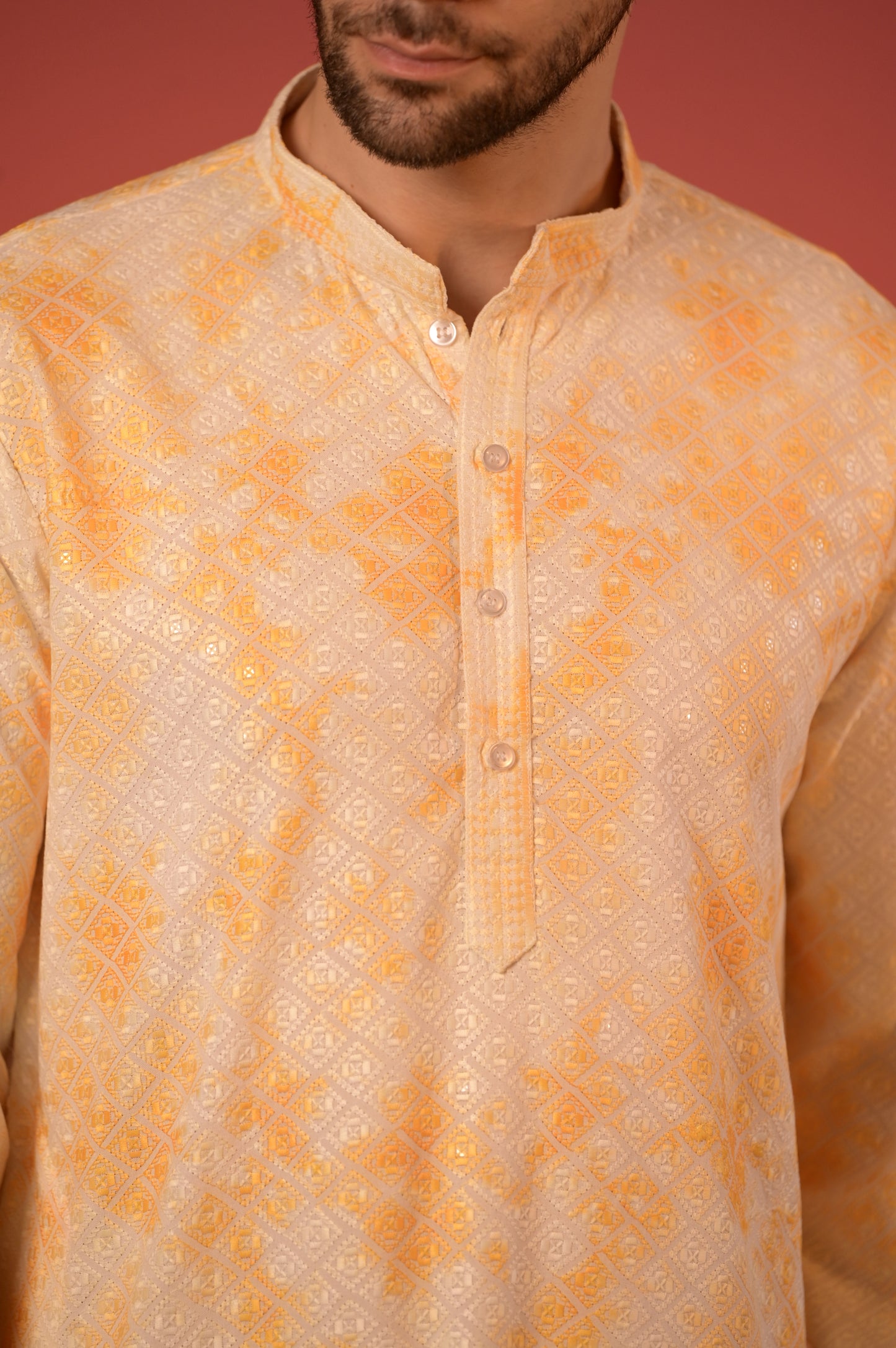 White Cotton Kurta with Lucknowi Threadwork and Yellow Overlay Print & Trousers Set