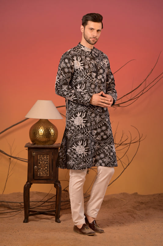 Black Silk Kurta with White Thread Embroidery & Trousers Set