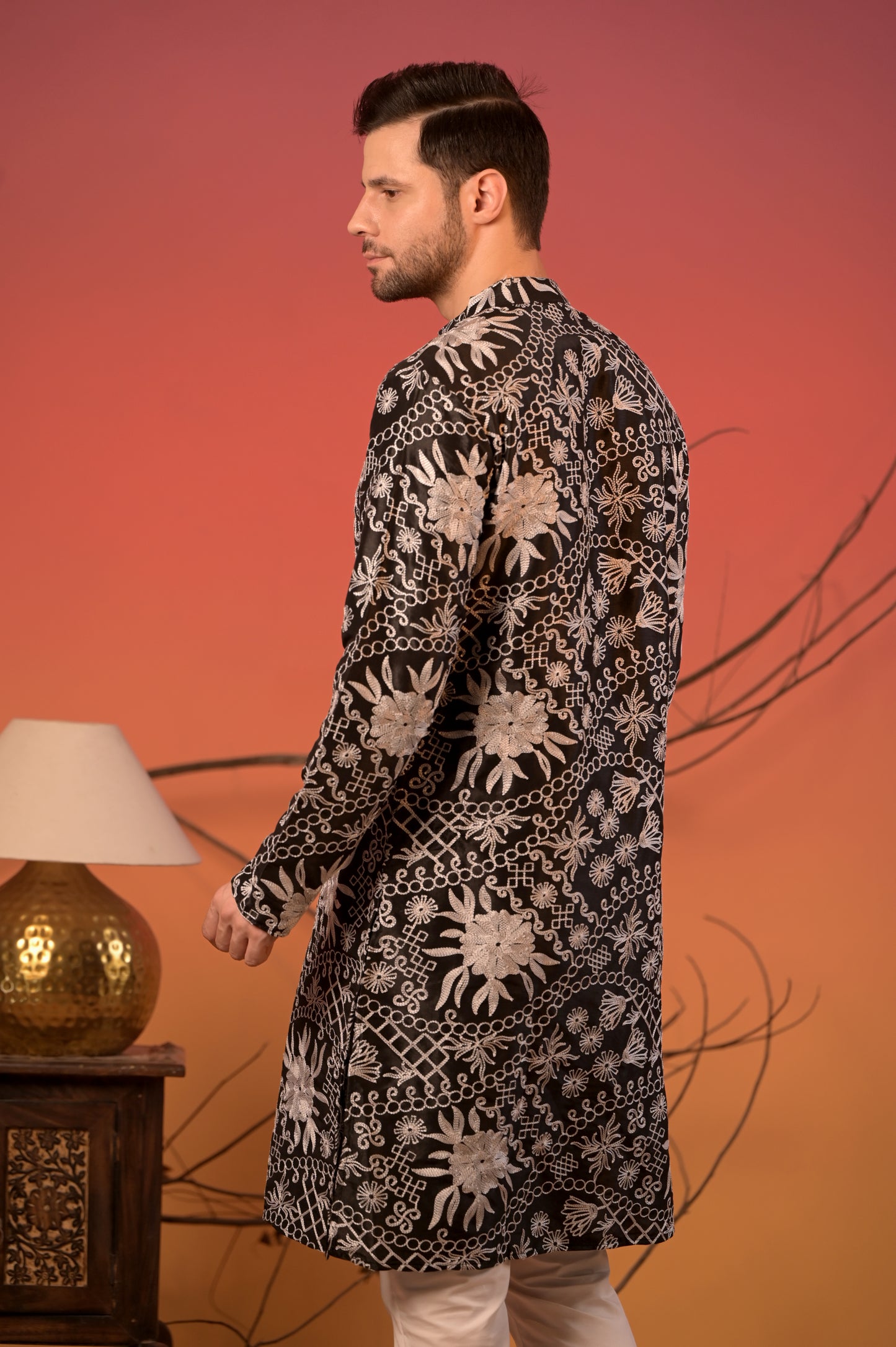 Black Silk Kurta with White Thread Embroidery & Trousers Set