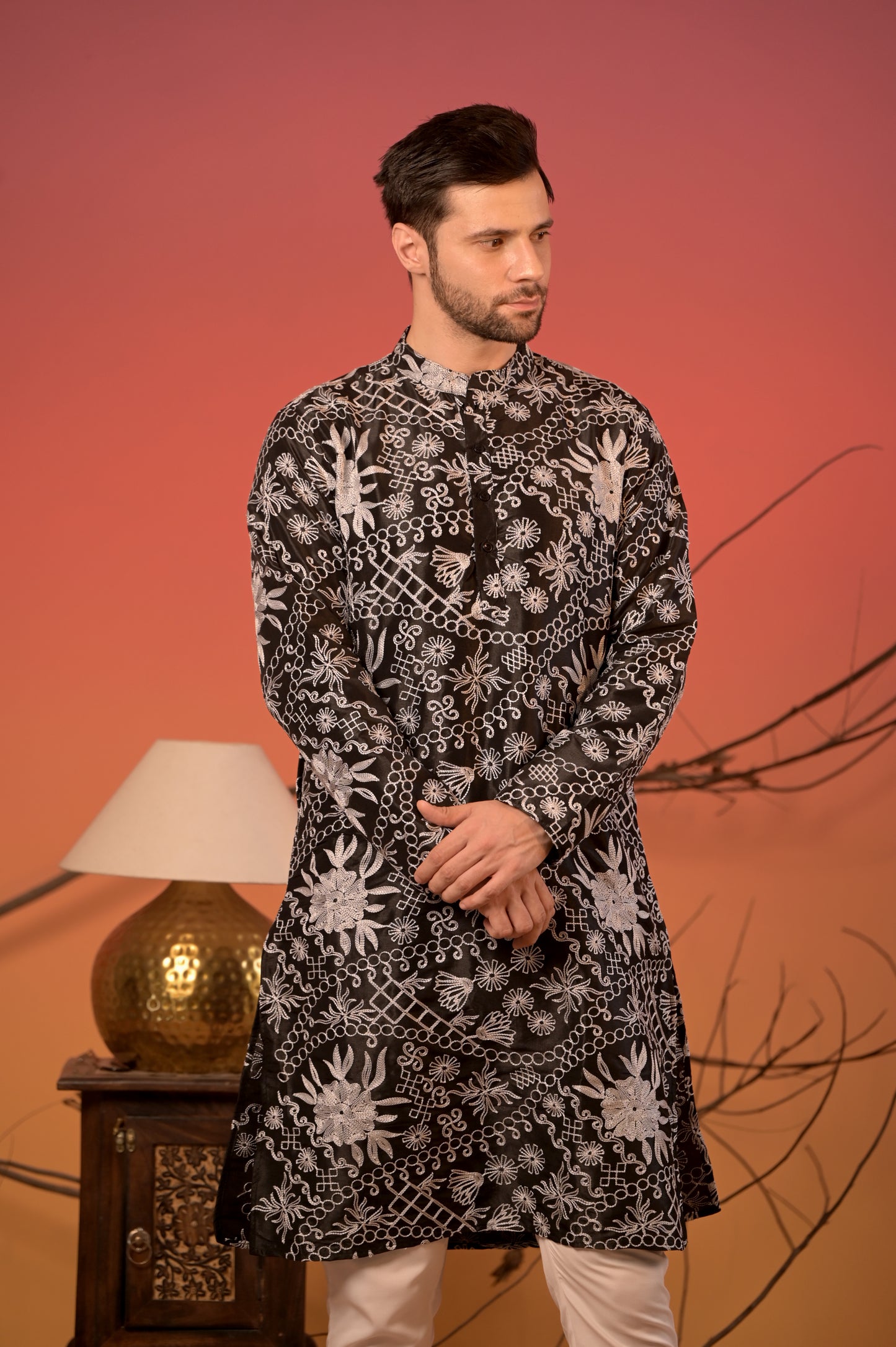 Black Silk Kurta with White Thread Embroidery & Trousers Set