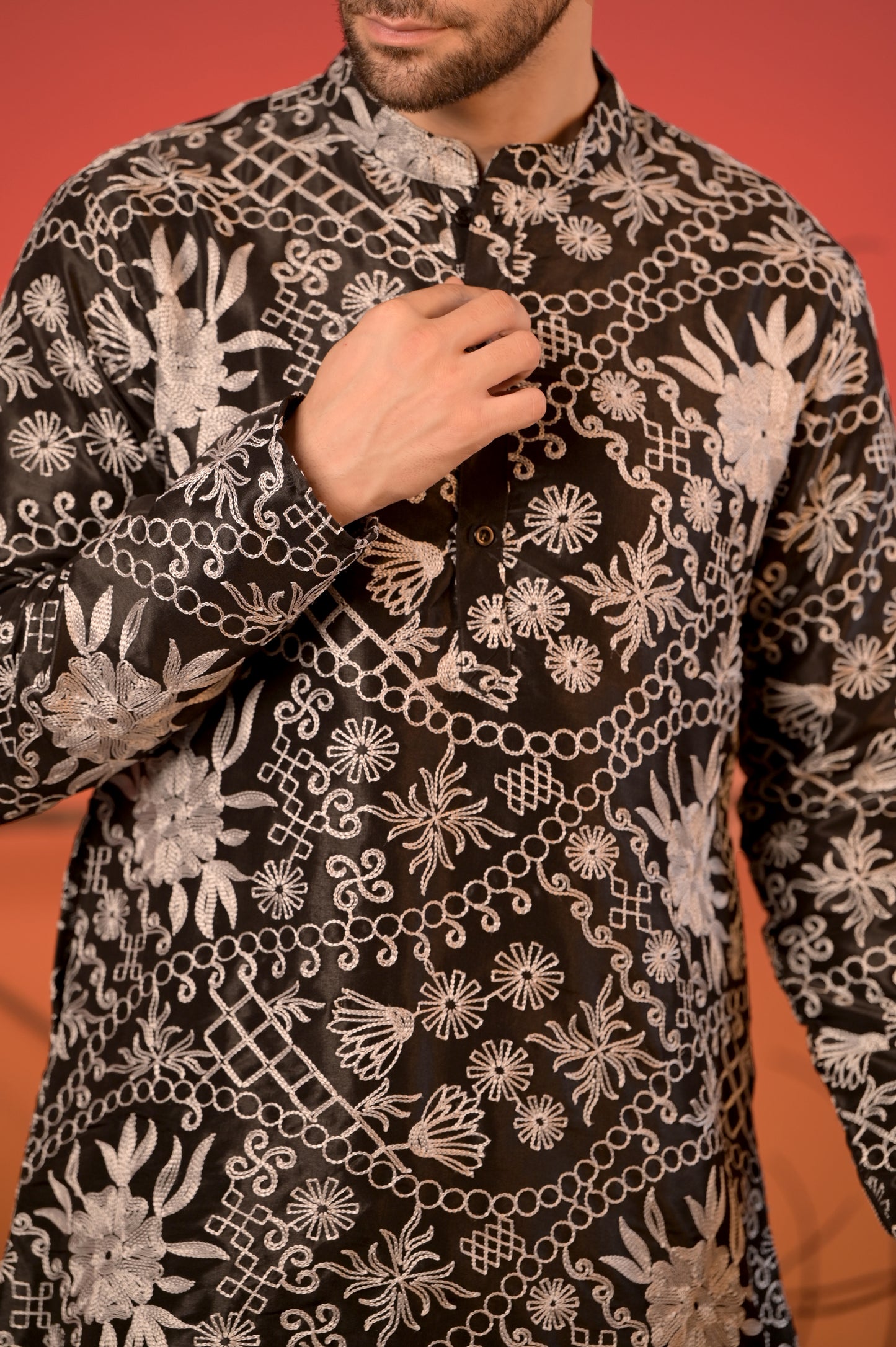 Black Silk Kurta with White Thread Embroidery & Trousers Set