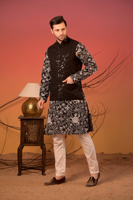 Black Embroidered Silk Kurta with Hakoba Sequin Nehru Jacket & Trousers Set