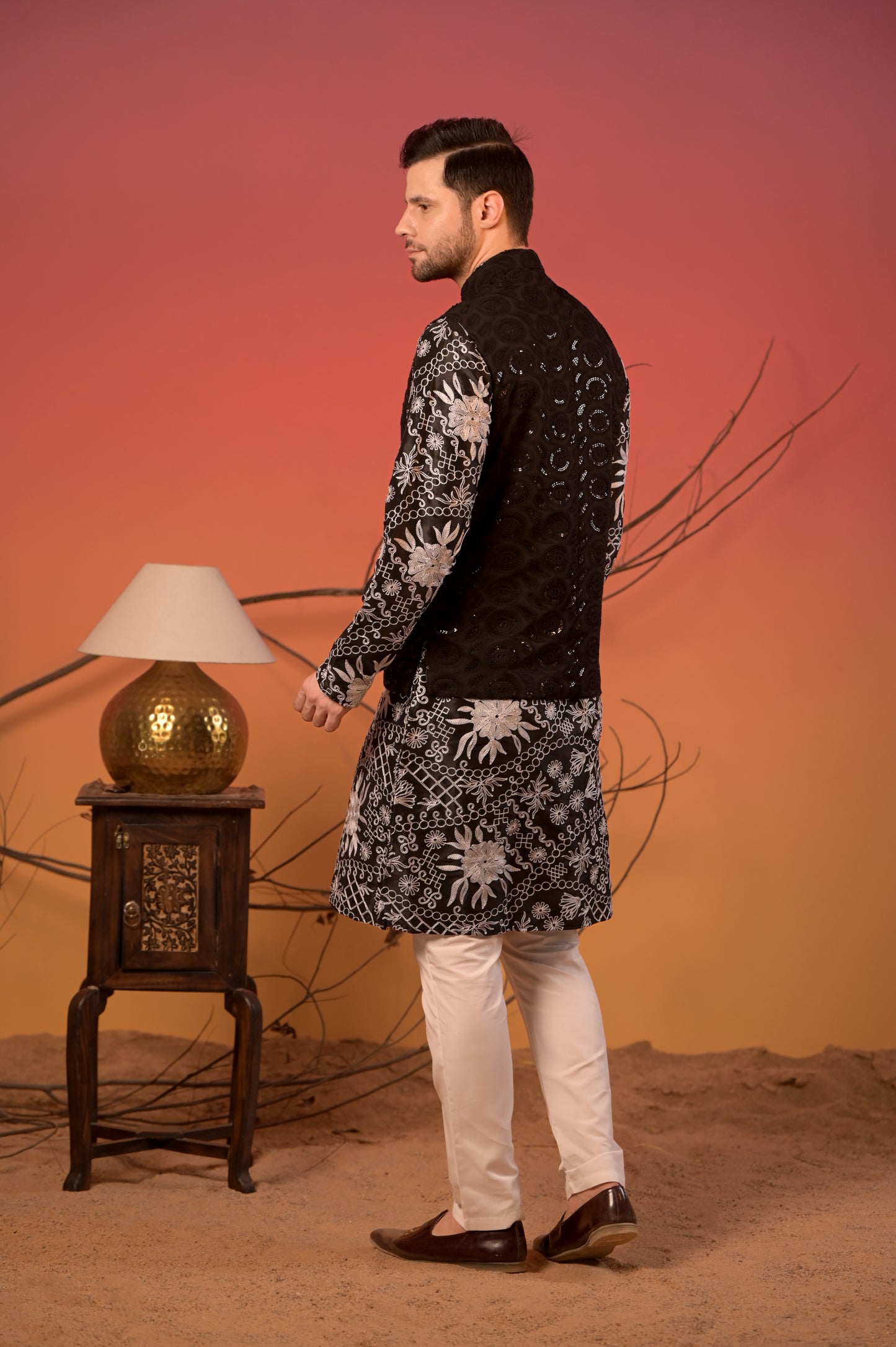 Black Embroidered Silk Kurta with Hakoba Sequin Nehru Jacket & Trousers Set