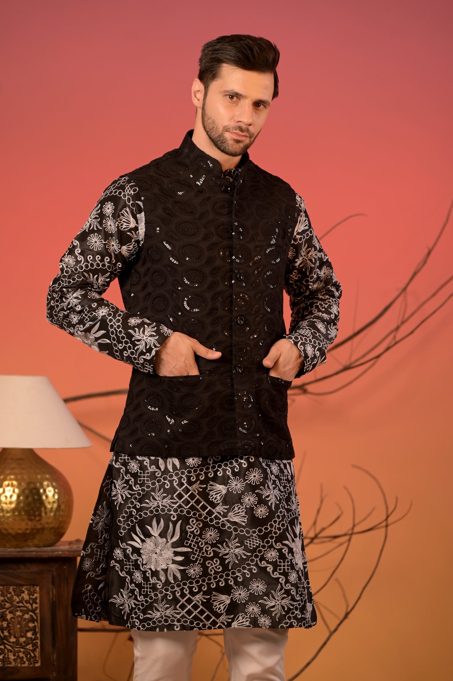 Black Embroidered Silk Kurta with Hakoba Sequin Nehru Jacket & Trousers Set