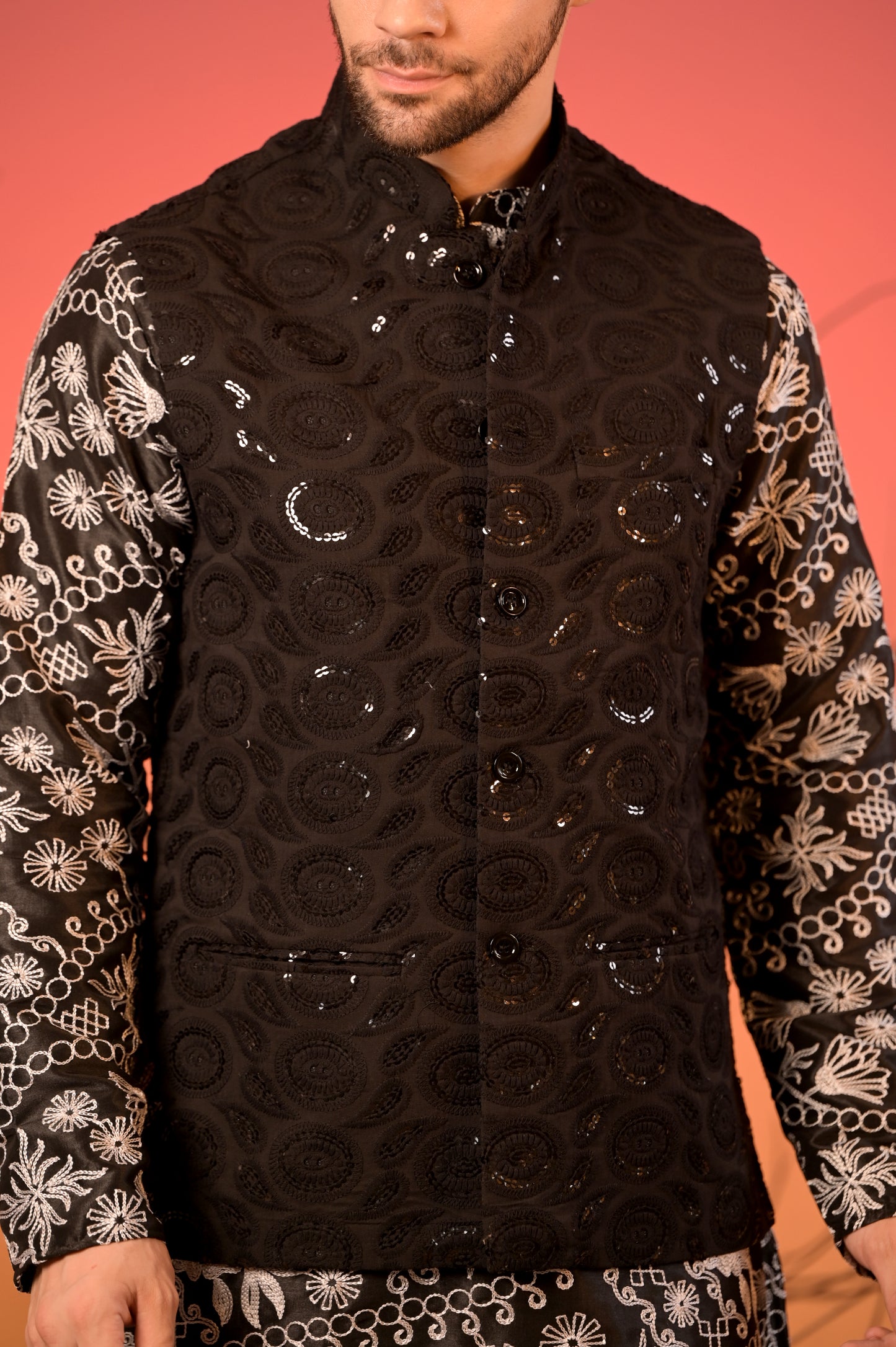 Black Embroidered Silk Kurta with Hakoba Sequin Nehru Jacket & Trousers Set
