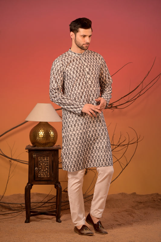 White Cotton Jacquard Kurta with Dark Blue Pattern & Trousers Set