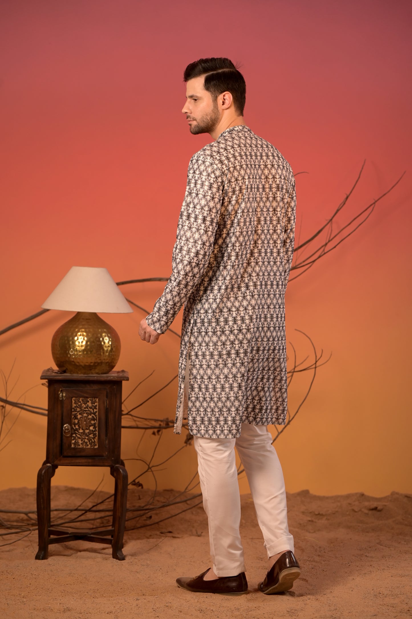 White Cotton Jacquard Kurta with Dark Blue Pattern & Trousers Set