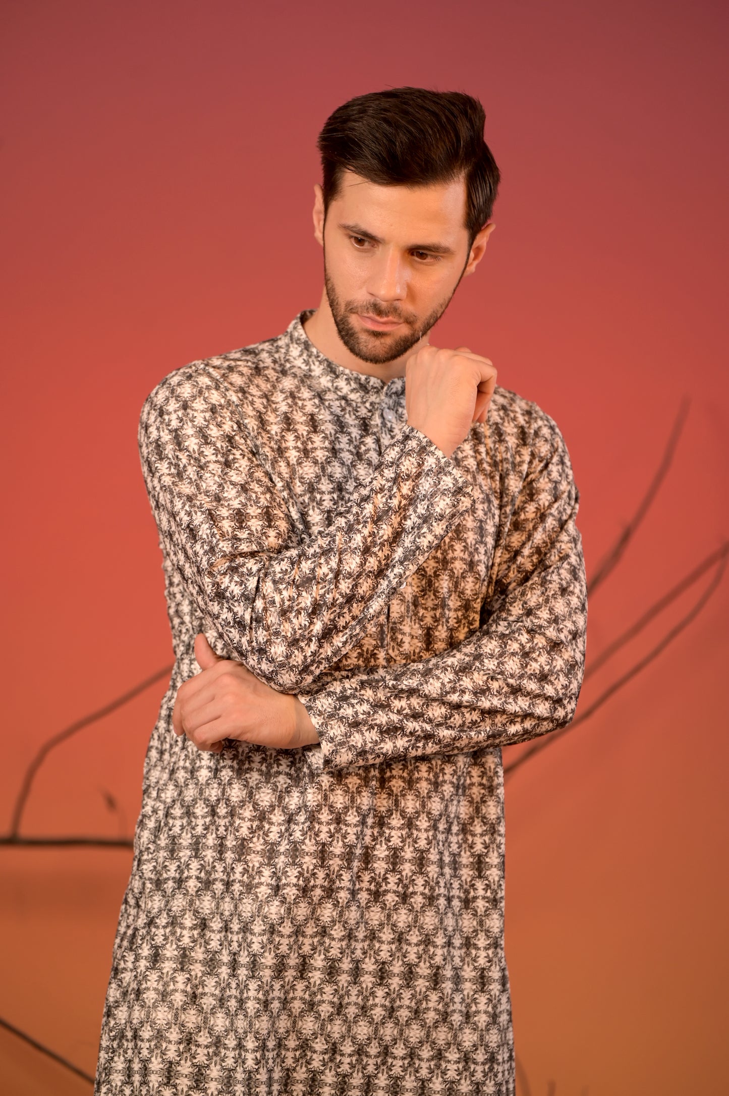 White Cotton Jacquard Kurta with Dark Blue Pattern & Trousers Set