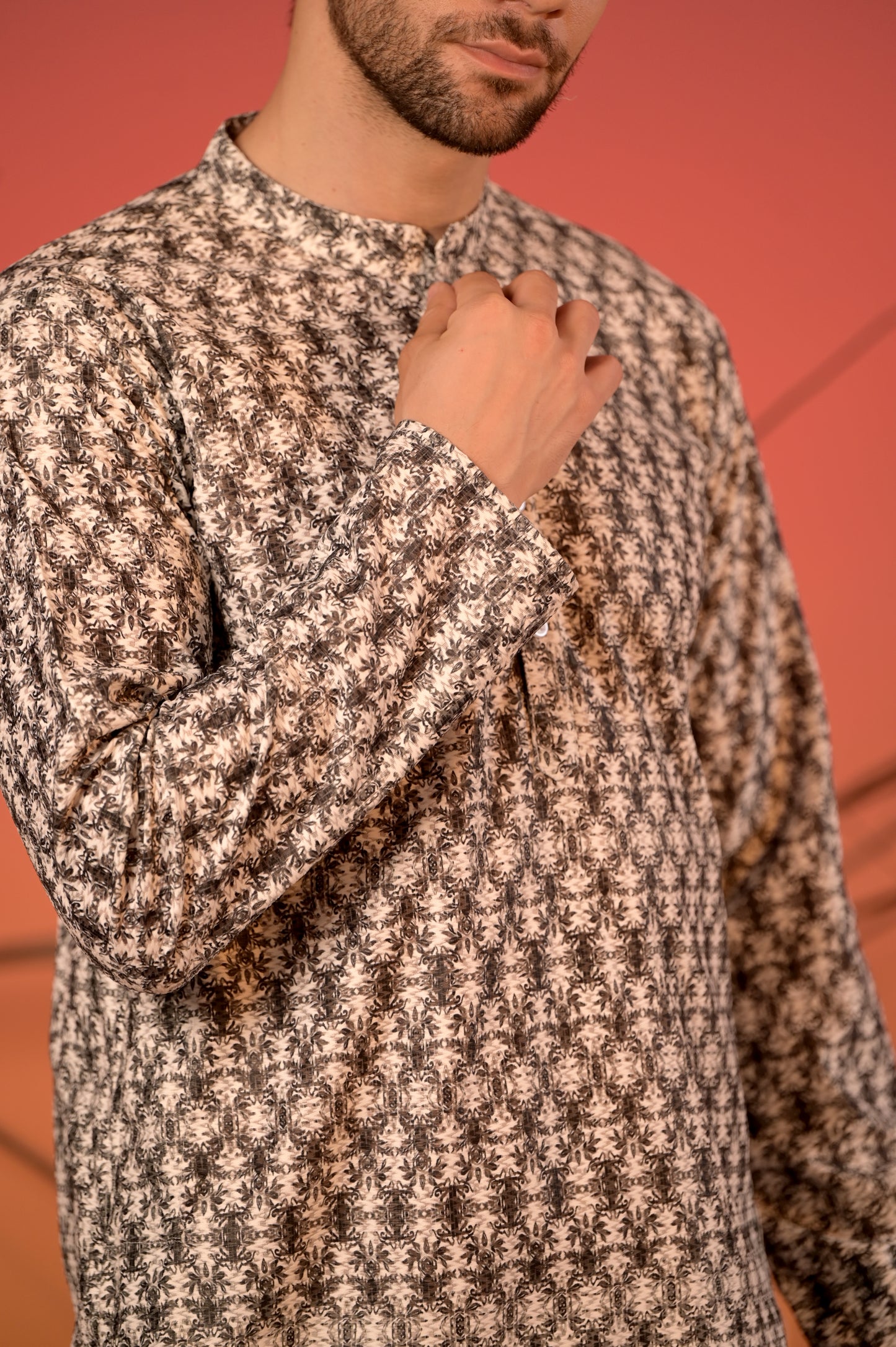 White Cotton Jacquard Kurta with Dark Blue Pattern & Trousers Set