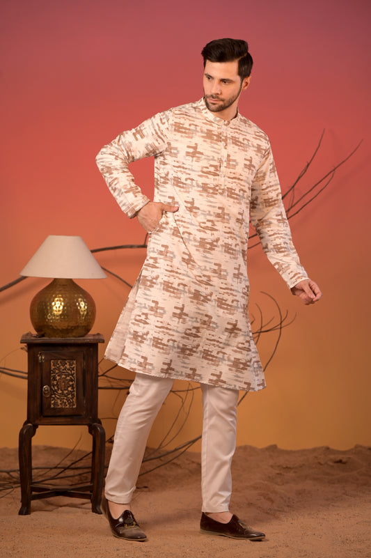 White Giza Cotton Kurta with Abstract Brushstroke Print & Trousers Set