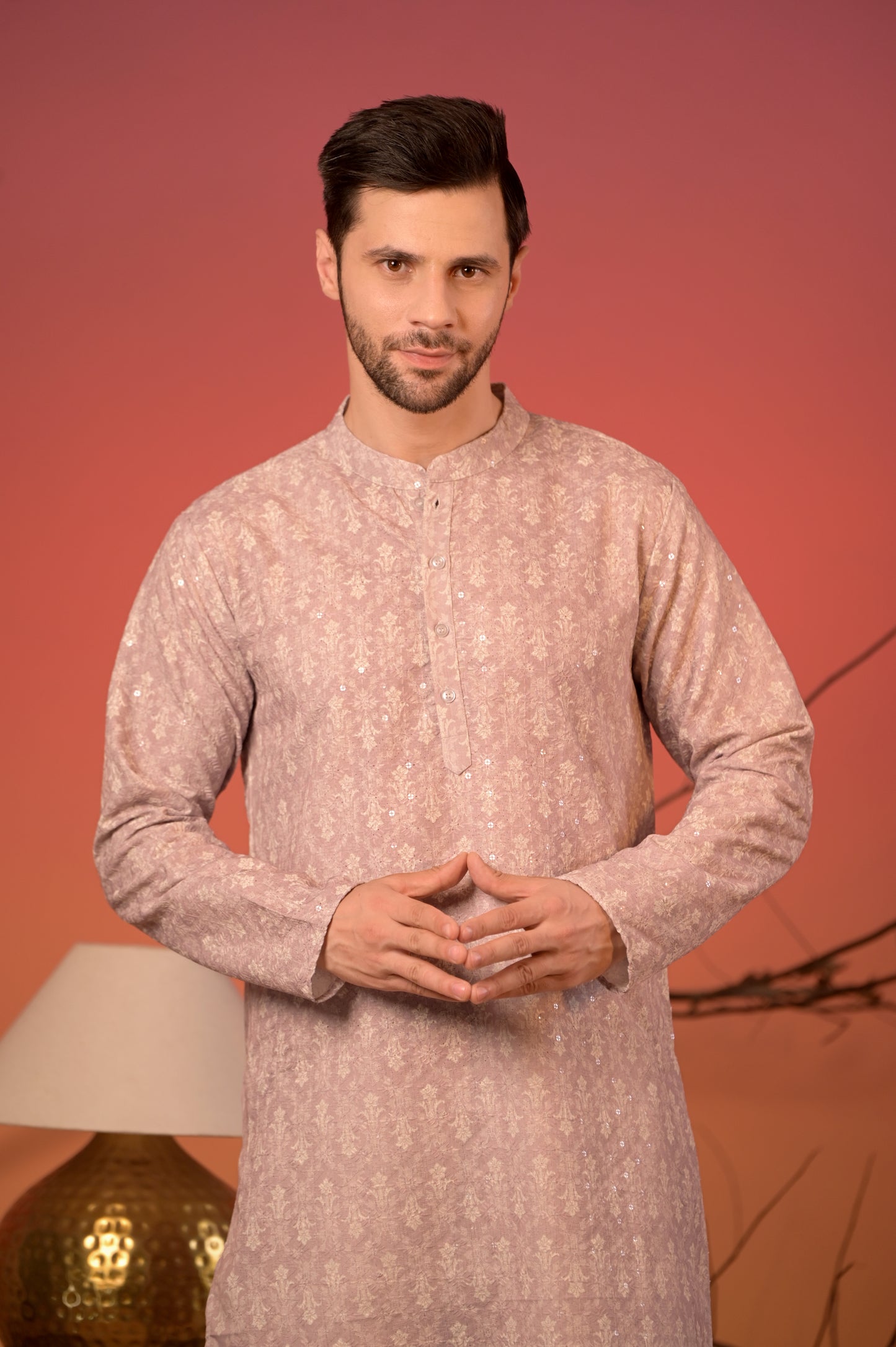 Dusty Purple cotton Kurta with Subtle Sequin Detailing & Trousers Set