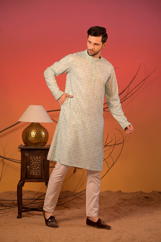 Mint Green Jacquard Kurta with Lucknowi Threadwork and Sequin Accents & Trousers Set