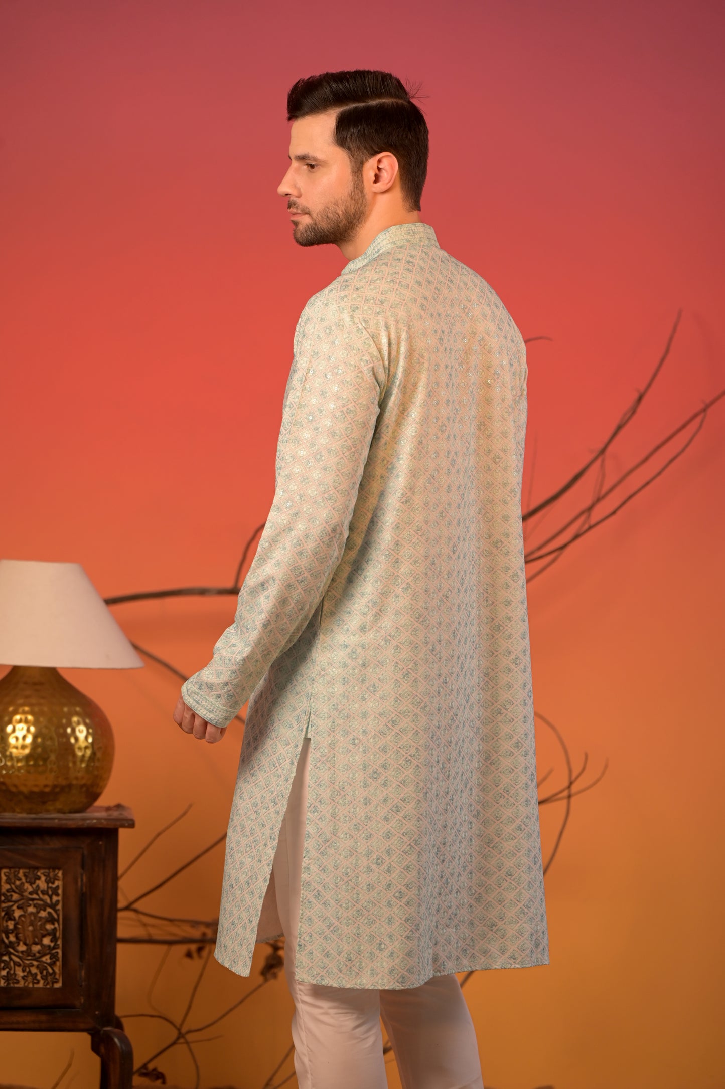 Mint Green Jacquard Kurta with Lucknowi Threadwork and Sequin Accents & Trousers Set