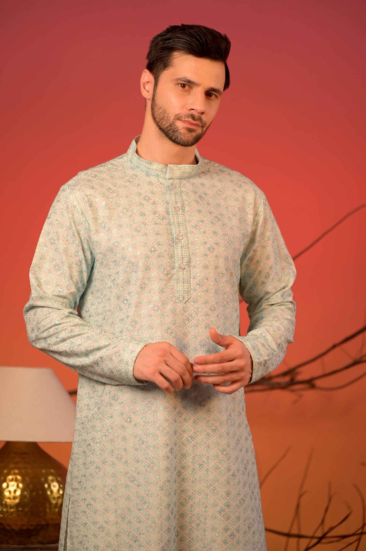 Mint Green Jacquard Kurta with Lucknowi Threadwork and Sequin Accents & Trousers Set
