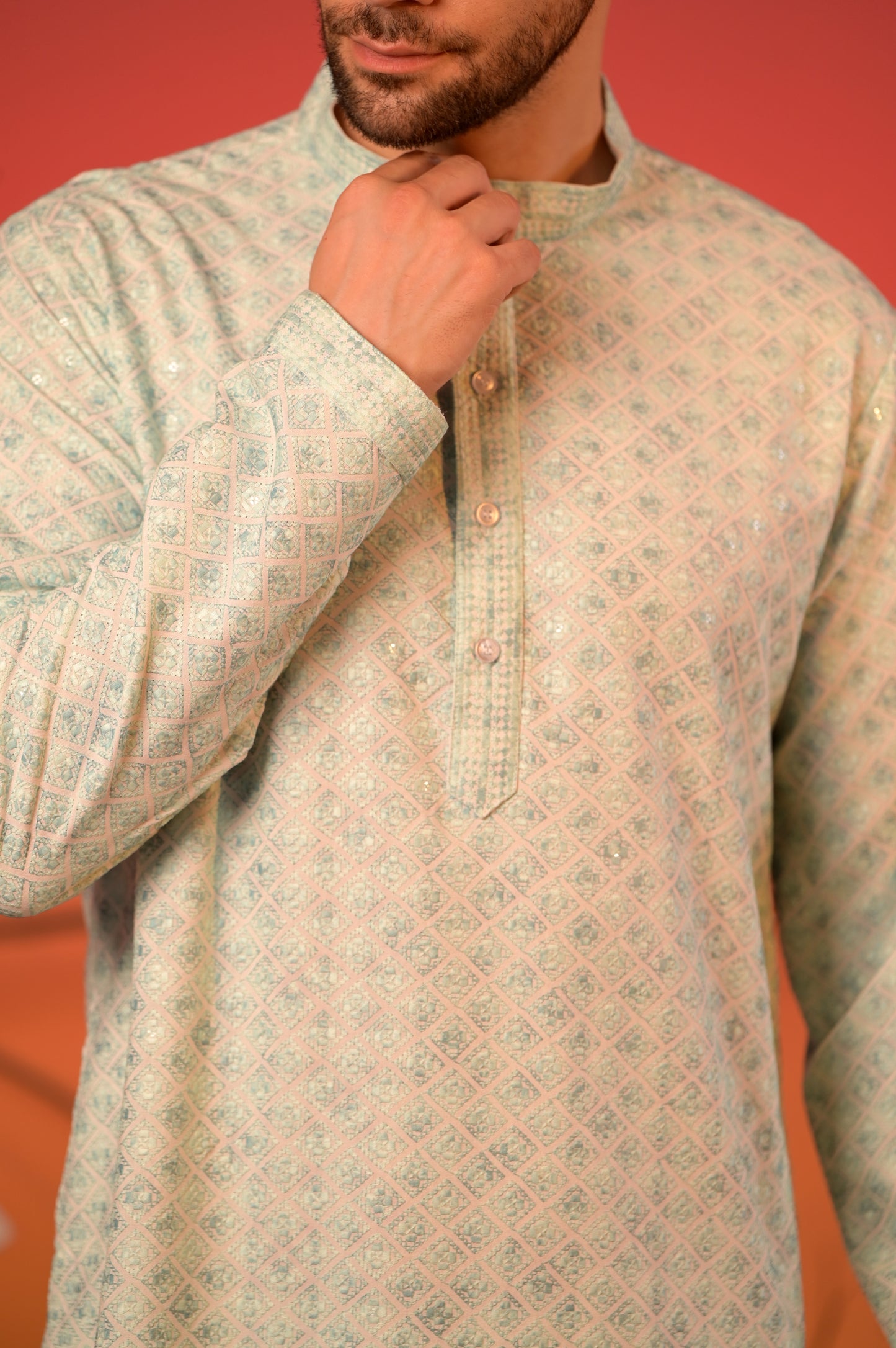 Mint Green Jacquard Kurta with Lucknowi Threadwork and Sequin Accents & Trousers Set