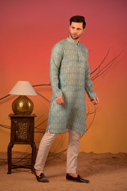 Aqua Blue Linen Lurex Kurta with Silver Zari Motifs & Trousers Set