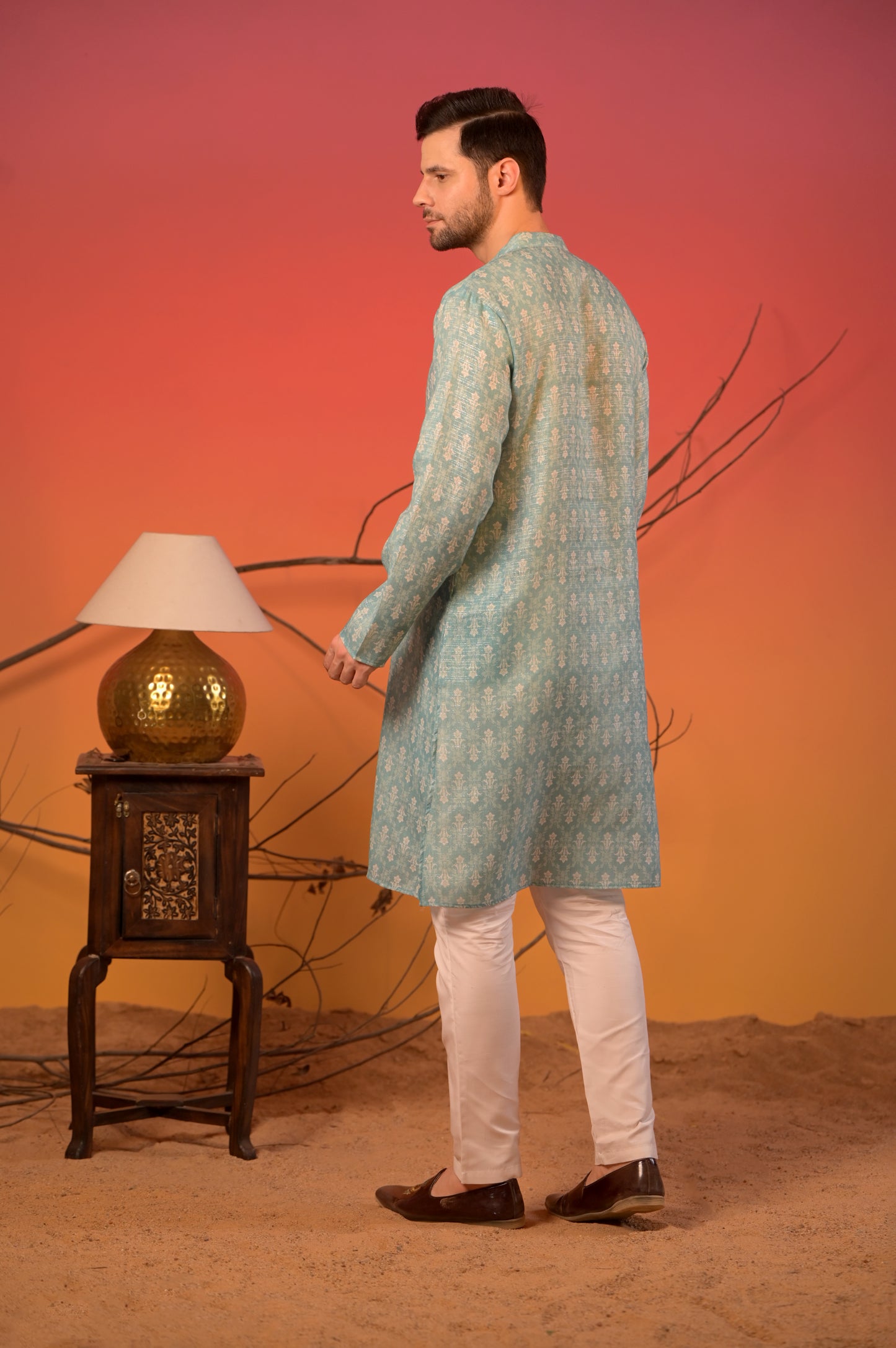Aqua Blue Linen Lurex Kurta with Silver Zari Motifs & Trousers Set