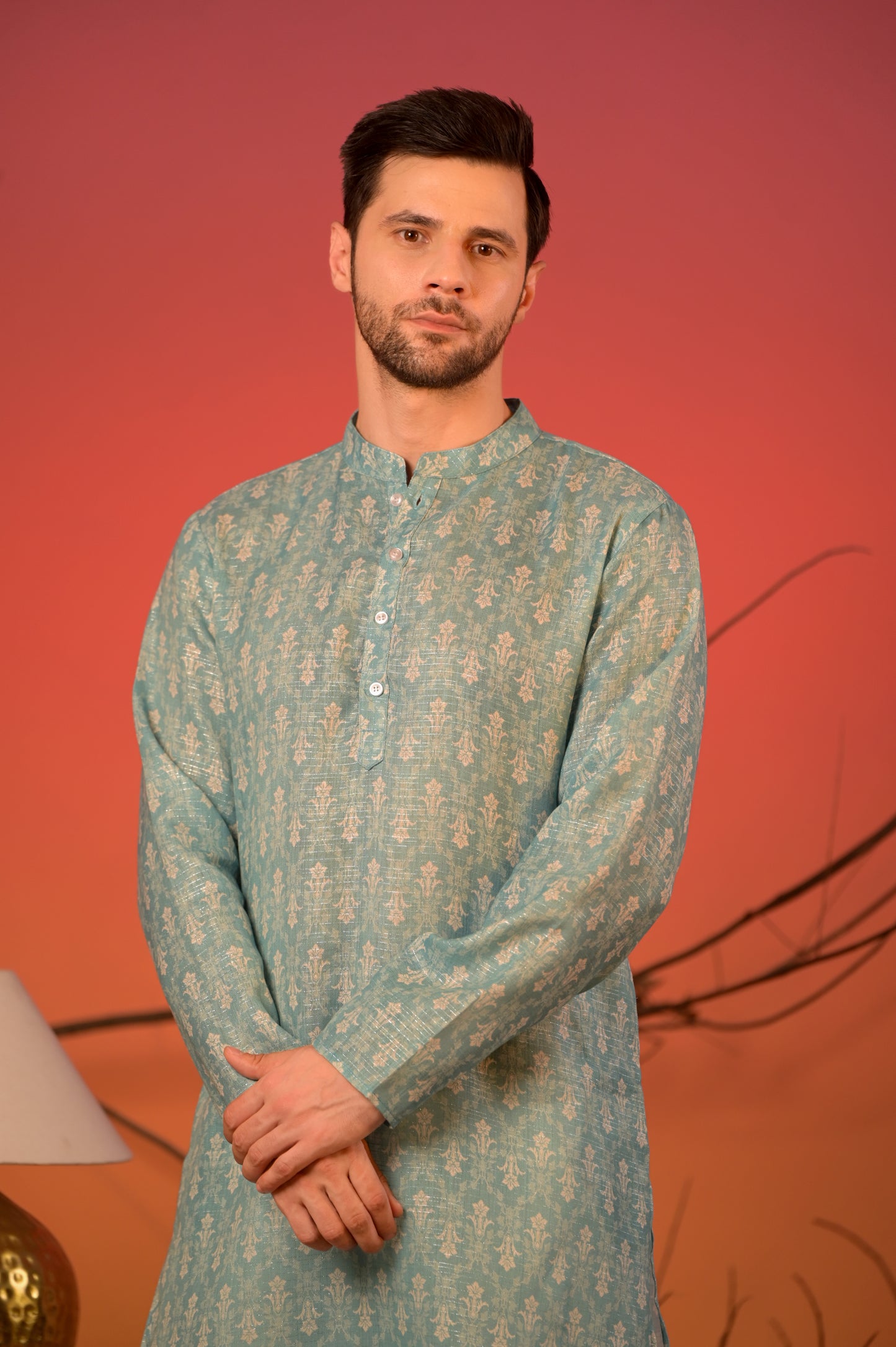 Aqua Blue Linen Lurex Kurta with Silver Zari Motifs & Trousers Set