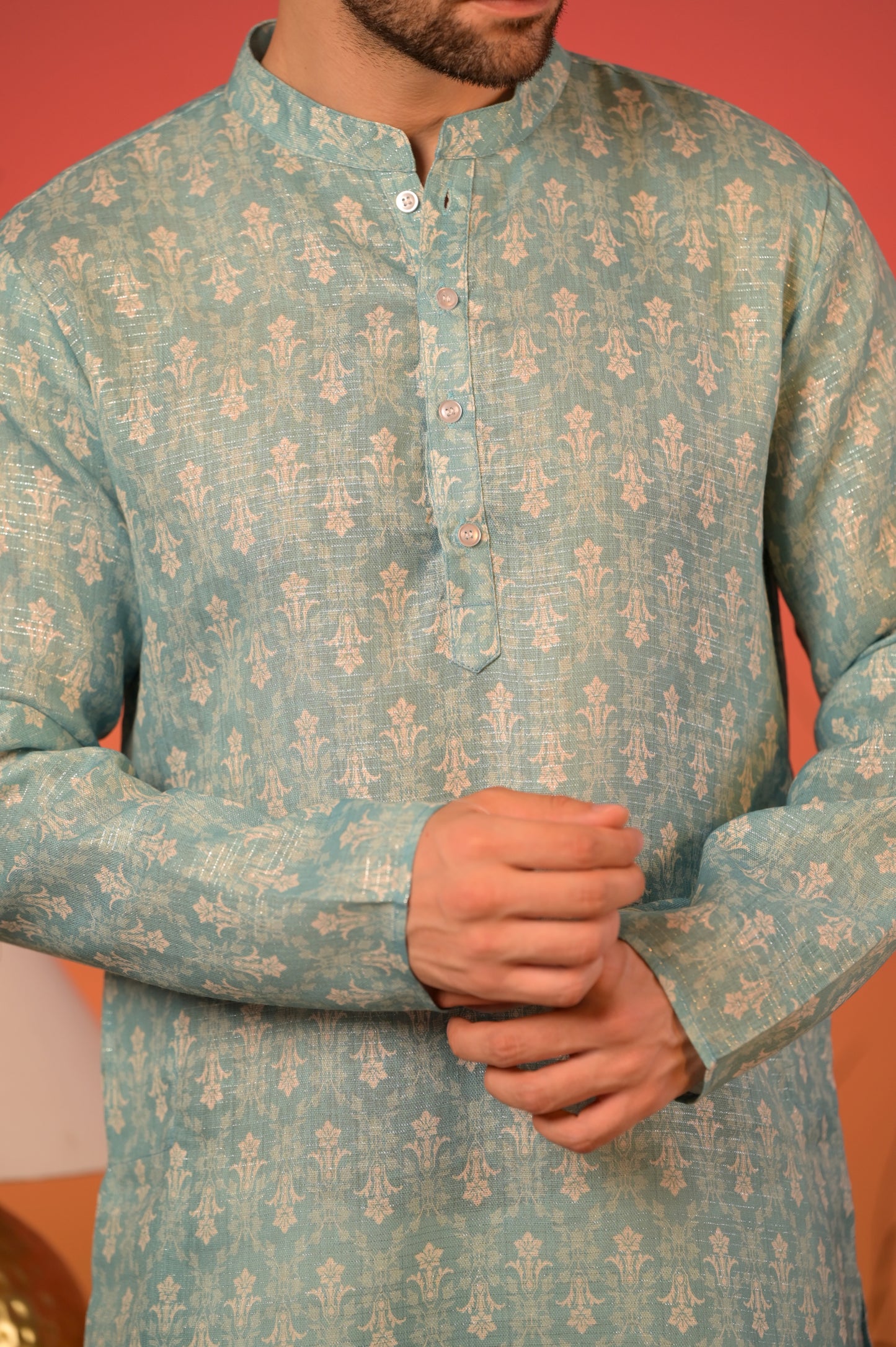 Aqua Blue Linen Lurex Kurta with Silver Zari Motifs & Trousers Set